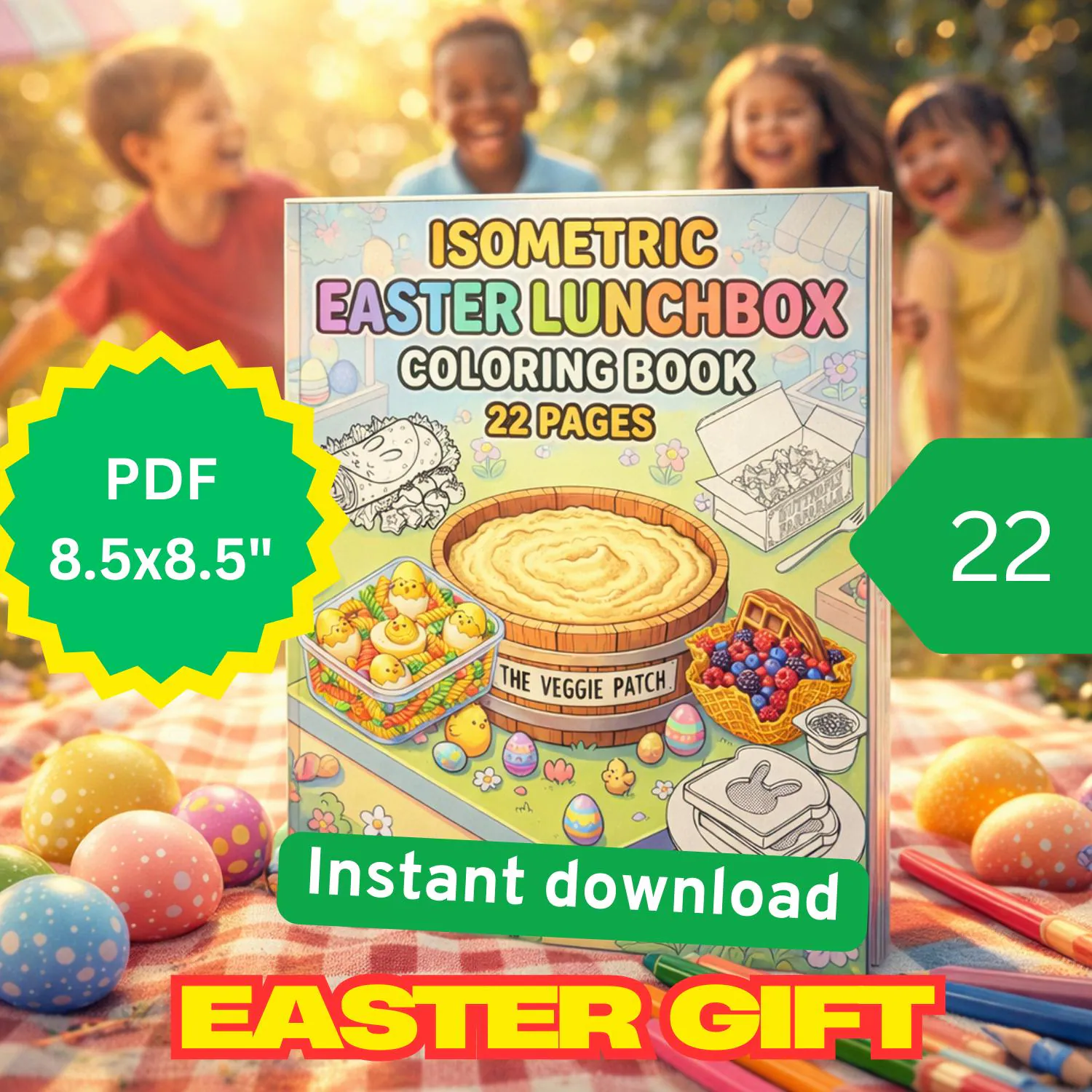 Kawaii Easter Lunchbox Coloring Book | Isometric Bento, Spring Picnic (PDF Pattern, 8.5x8.5, 22 Pages)