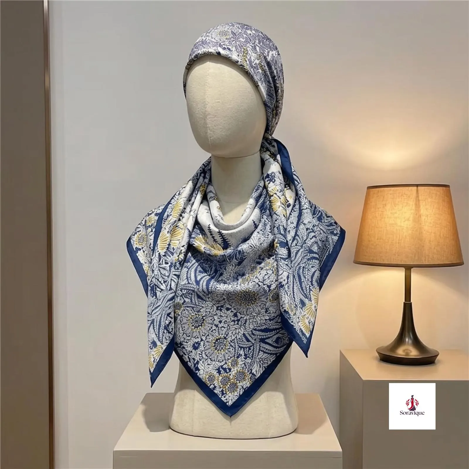 Large printed scarf worn as a fashionable neck accessory.