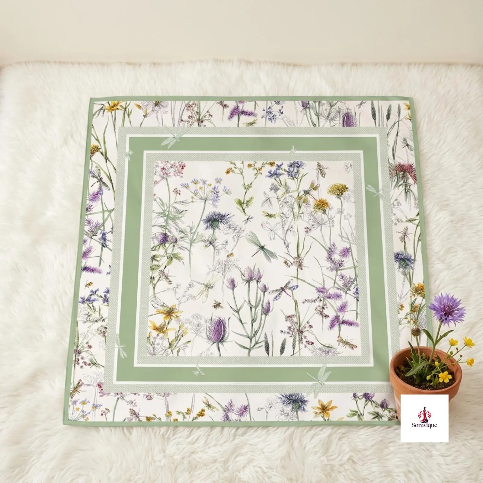 Decorative floral scarf tied around a handbag handle.