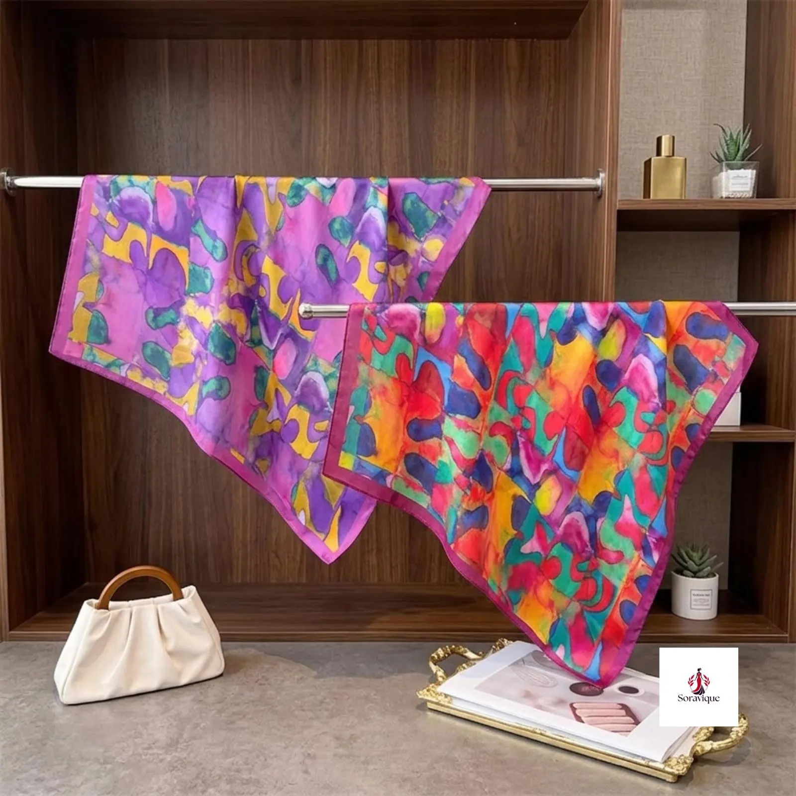 Decorative scarf paired with a simple blouse.