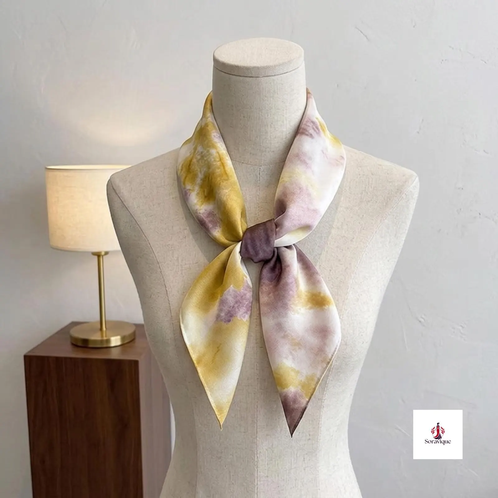 Printed fashion scarf wrapped around a handbag handle for a chic accent.