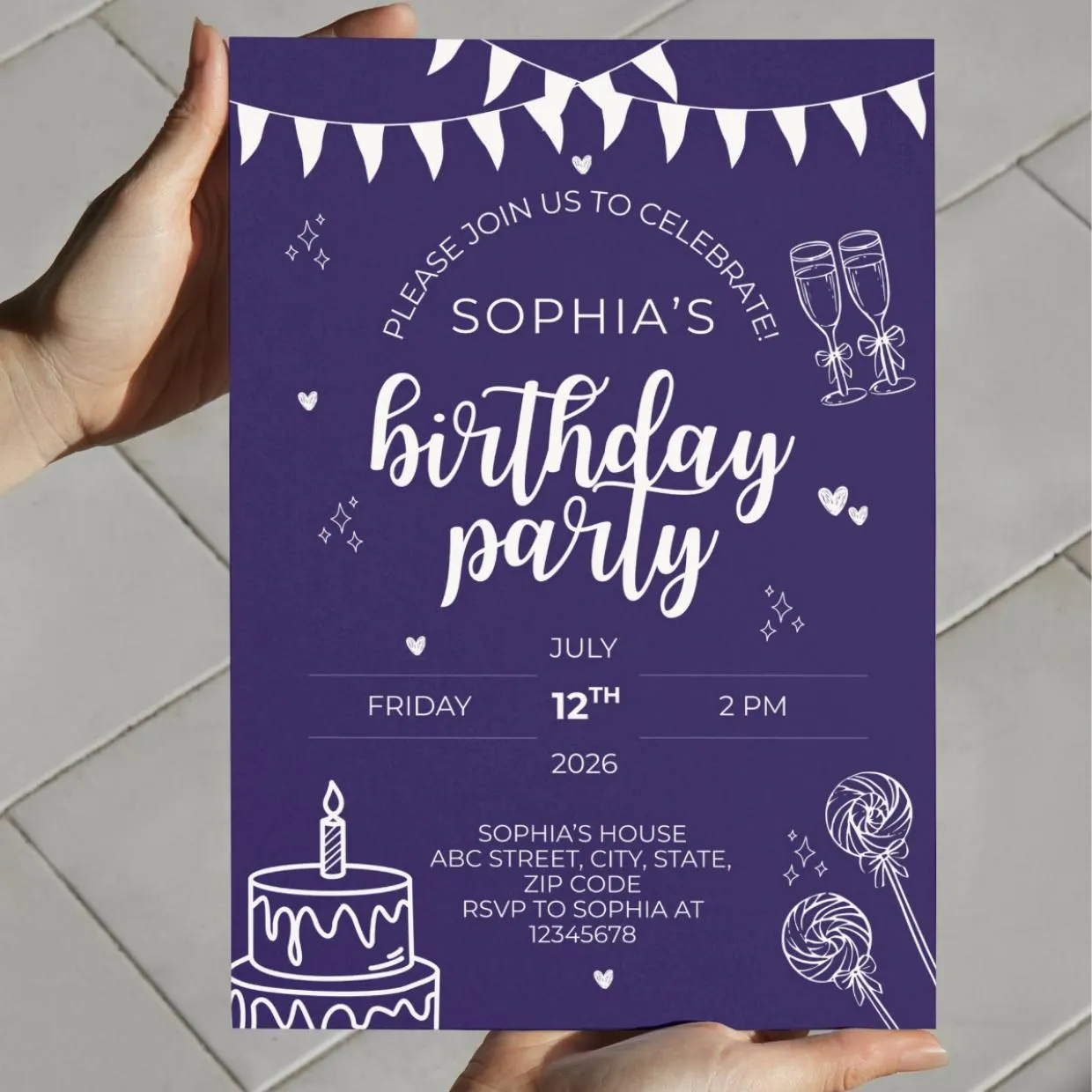 Editable Birthday Party Invitation Card Blue Celebration Banner Cake Candles Teen Adult Canva Template - image 4