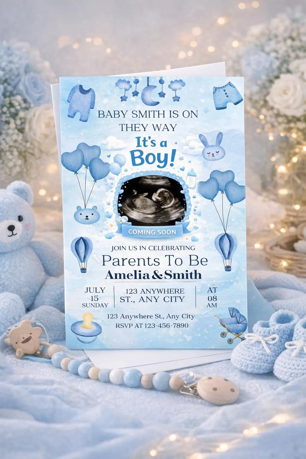 Baby Boy Shower Invitation, Blue Watercolor Design, Editable Canva Template (Instant Download) - image 4