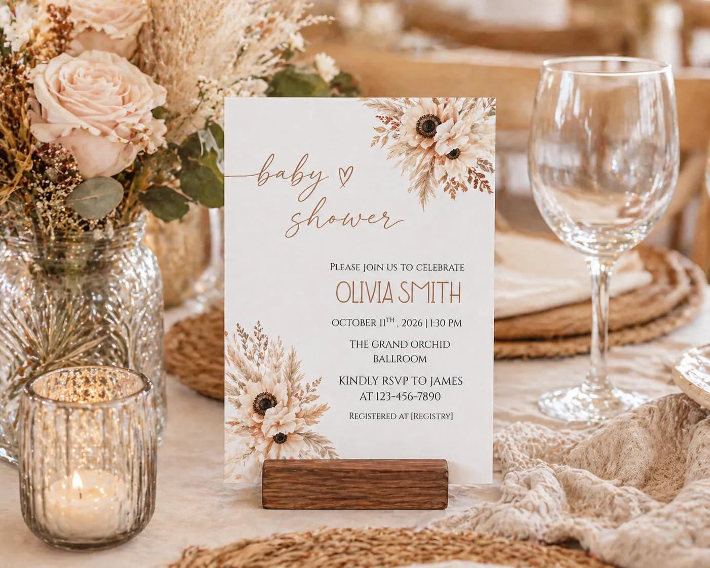 Boho Floral Baby Shower Invitation Template, Neutral Editable Canva Invite (Digital Download) - image 5