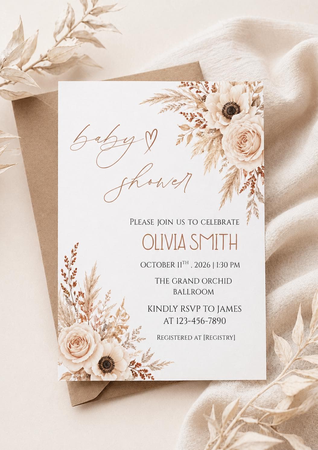 Boho Floral Baby Shower Invitation Template, Neutral Editable Canva Invite (Digital Download) - image 4