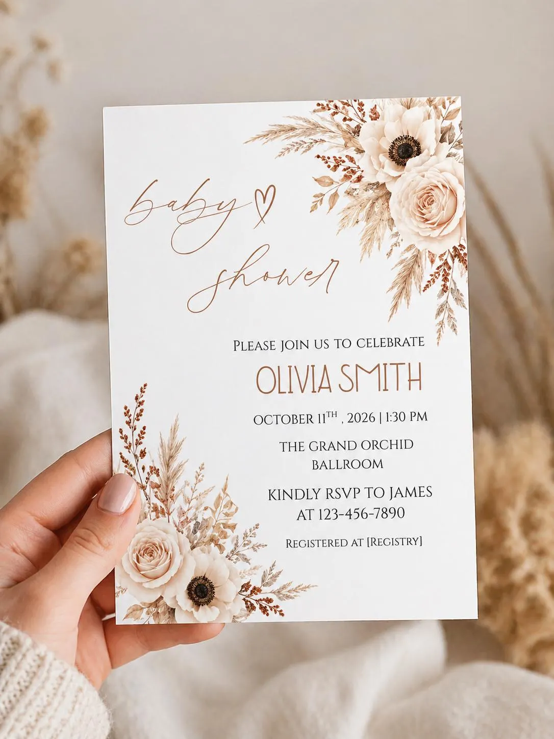 Boho Floral Baby Shower Invitation Template, Neutral Editable Canva Invite (Digital Download) - image 3