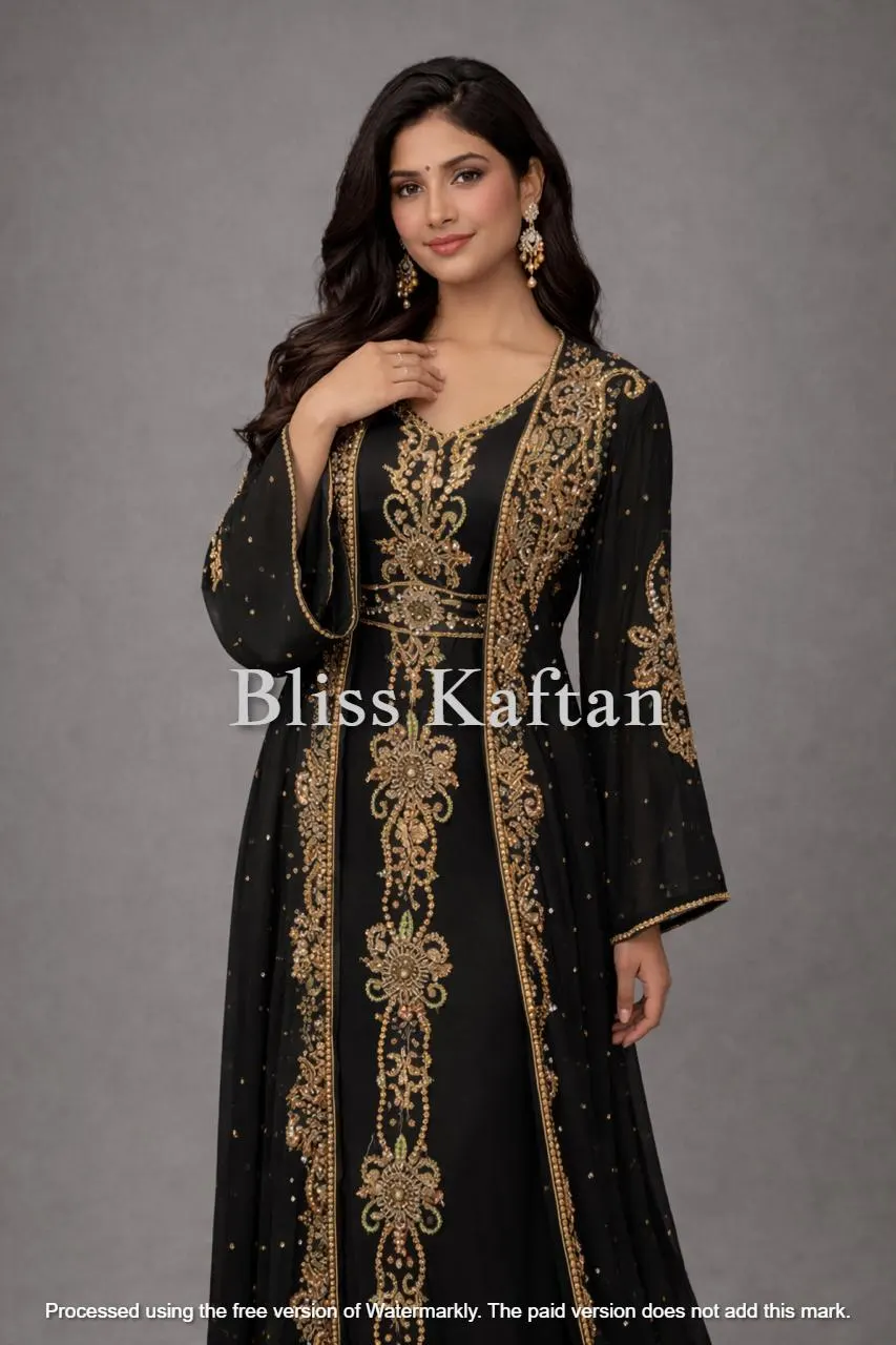 Luxury Black Kaftan Wedding Dress, Gold Embellished Abaya, Modest Bridal Gown - image 5