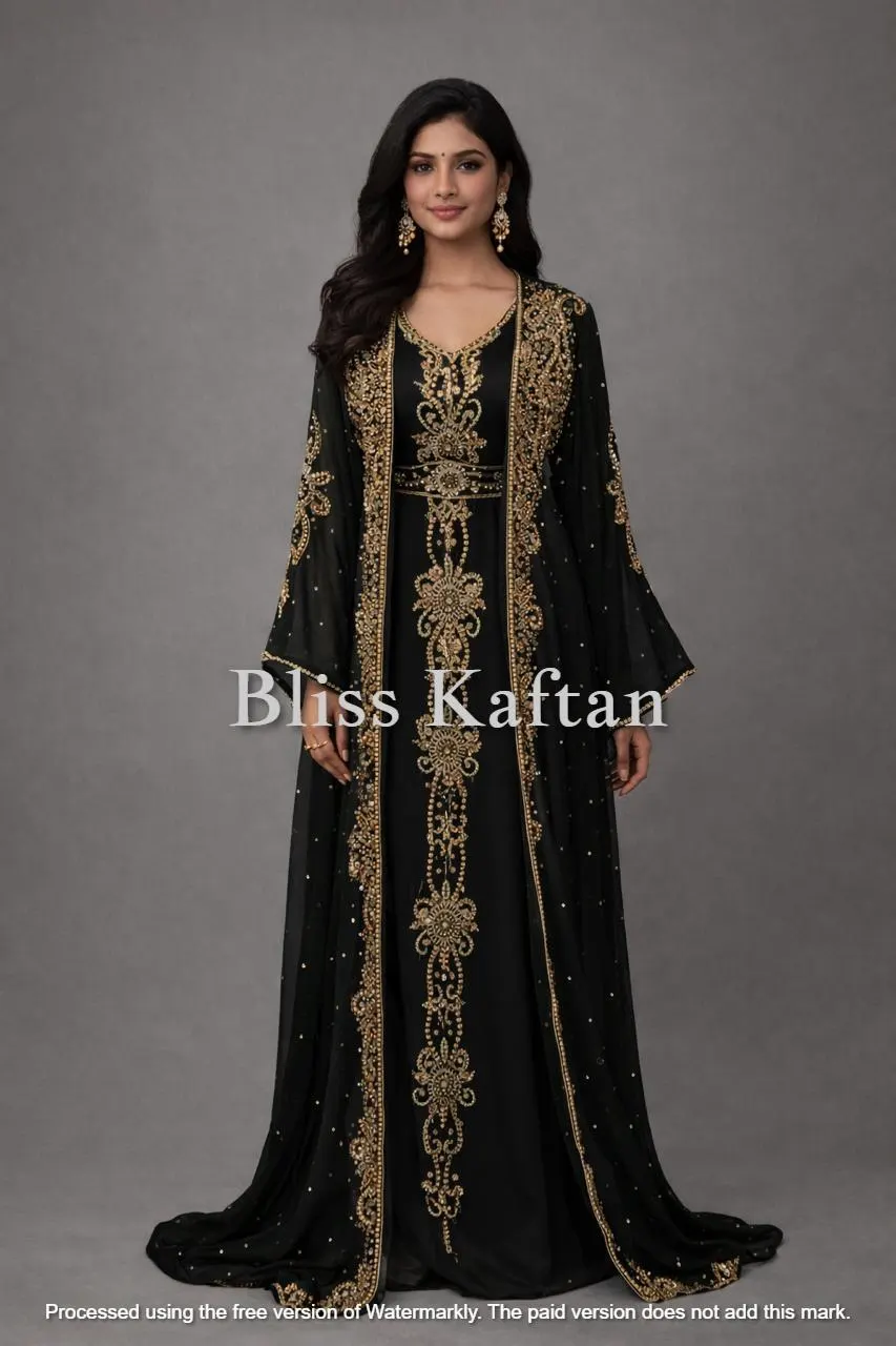 Luxury Black Kaftan Wedding Dress, Gold Embellished Abaya, Modest Bridal Gown - image 4