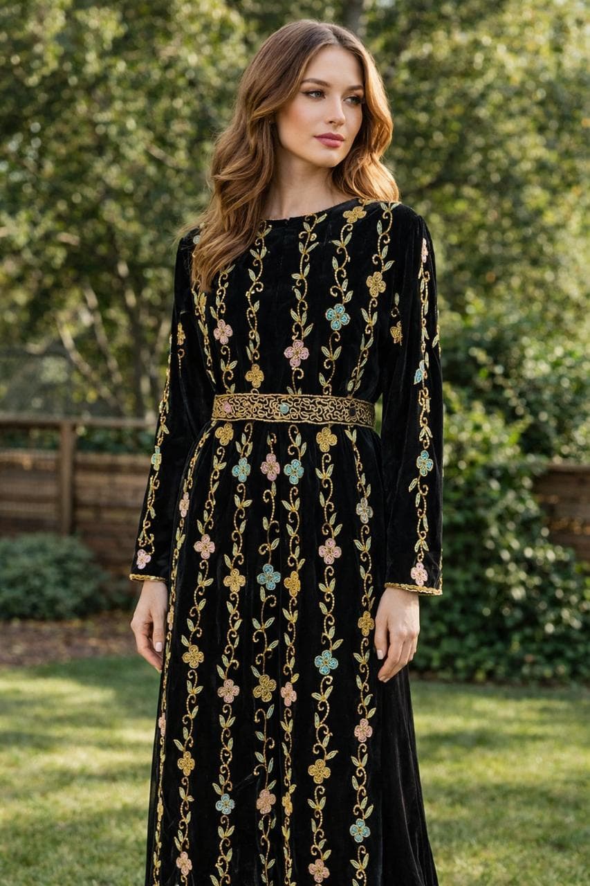 Luxurious Black Velvet Moroccan Kaftan Abaya Dress With Gold Floral Embroidery - Modest Islamic Fashion - image 4