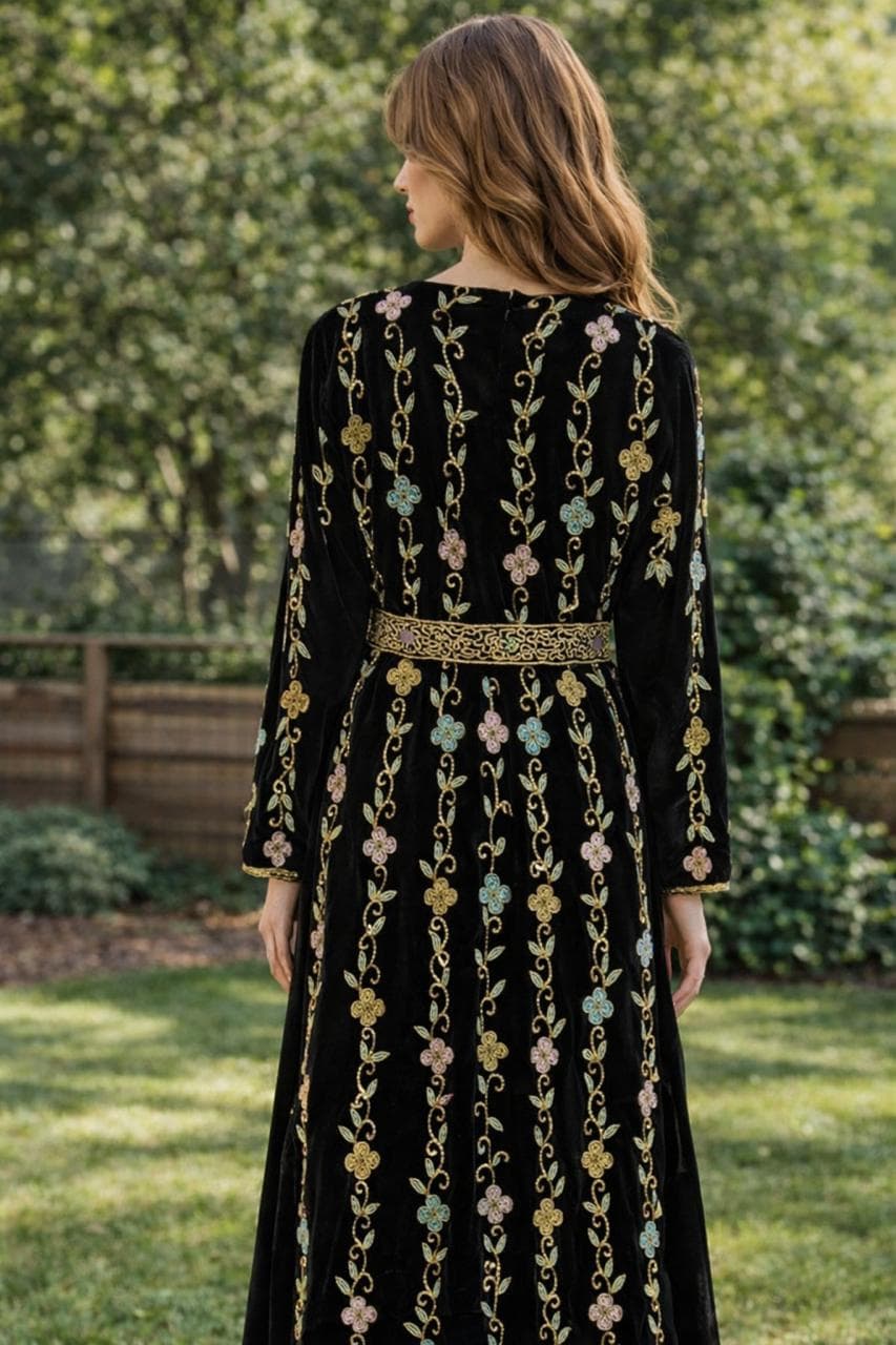 Luxurious Black Velvet Moroccan Kaftan Abaya Dress With Gold Floral Embroidery - Modest Islamic Fashion - image 5