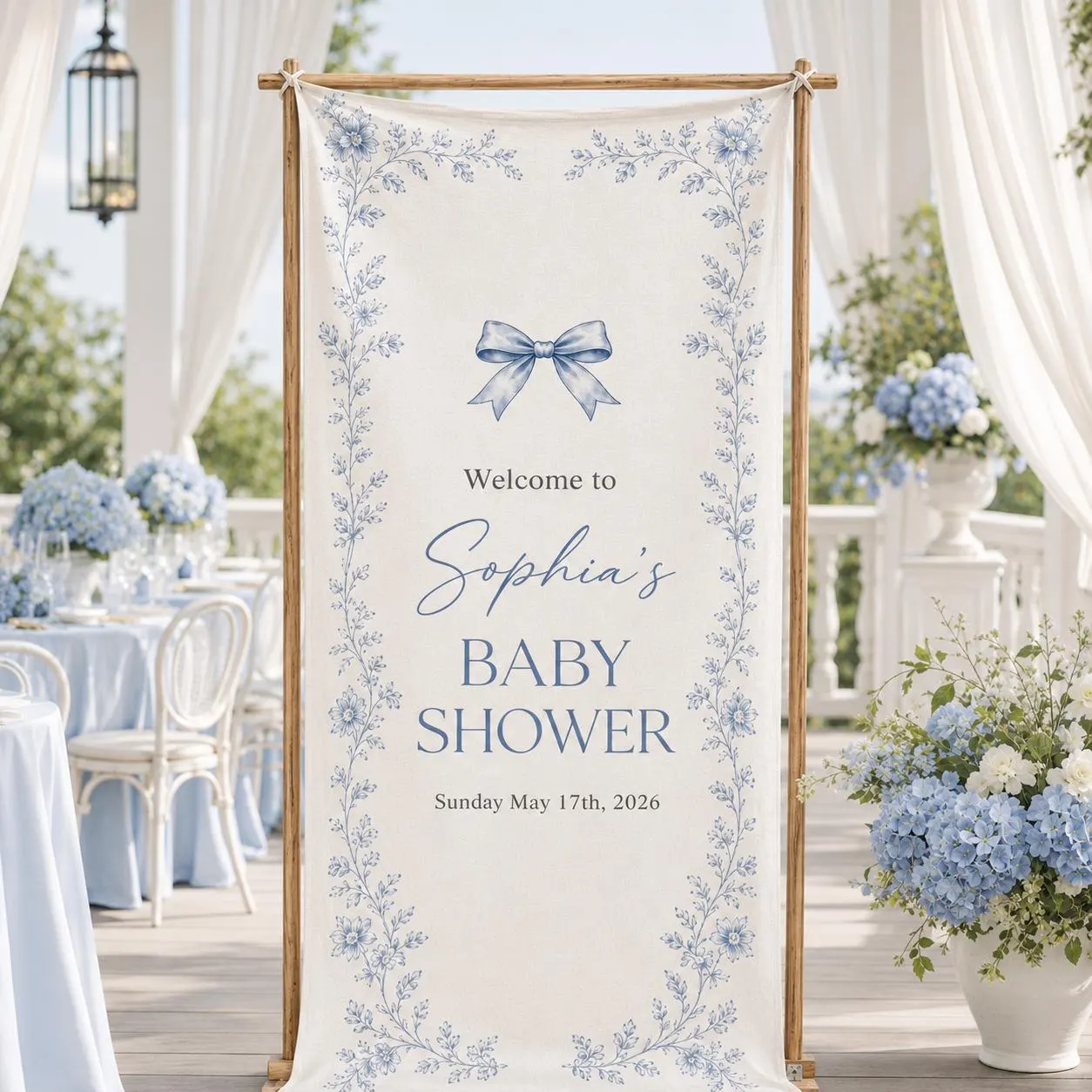 Personalized Blue Toile Baby Shower Banner, Custom Baby Welcome Sign with Name Date, Elegant Floral Bow Fabric Backdrop Decor - image 5