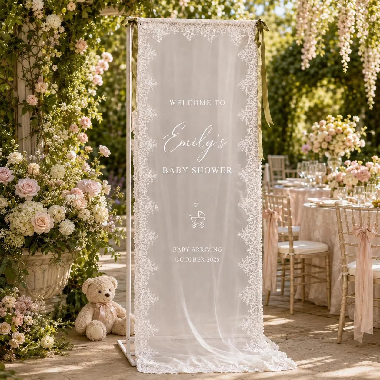Personalized Lace Baby Shower Welcome Banner, Custom Name Date Sign, Elegant Sheer Fabric Backdrop, Romantic Floral Party Entrance Decor - image 4