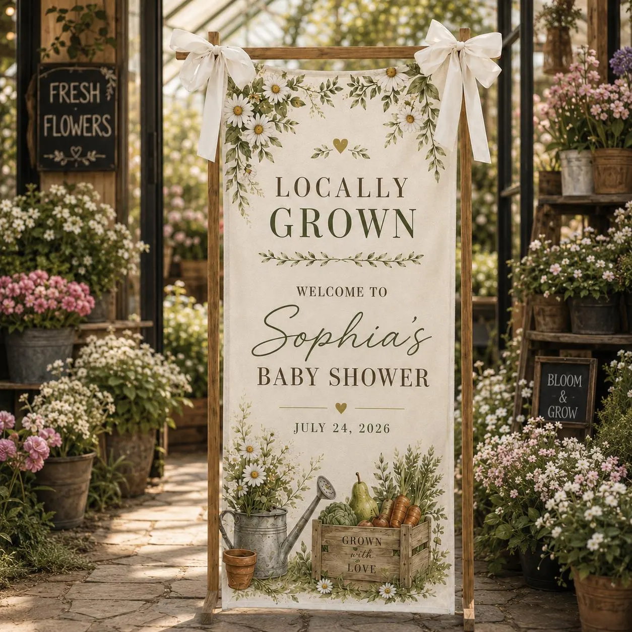 Locally Grown Baby Shower Banner, Custom Garden Vegetable Welcome Sign, Floral Farmhouse Party Backdrop, Personalized Rustic Baby Decor Sign - image 4