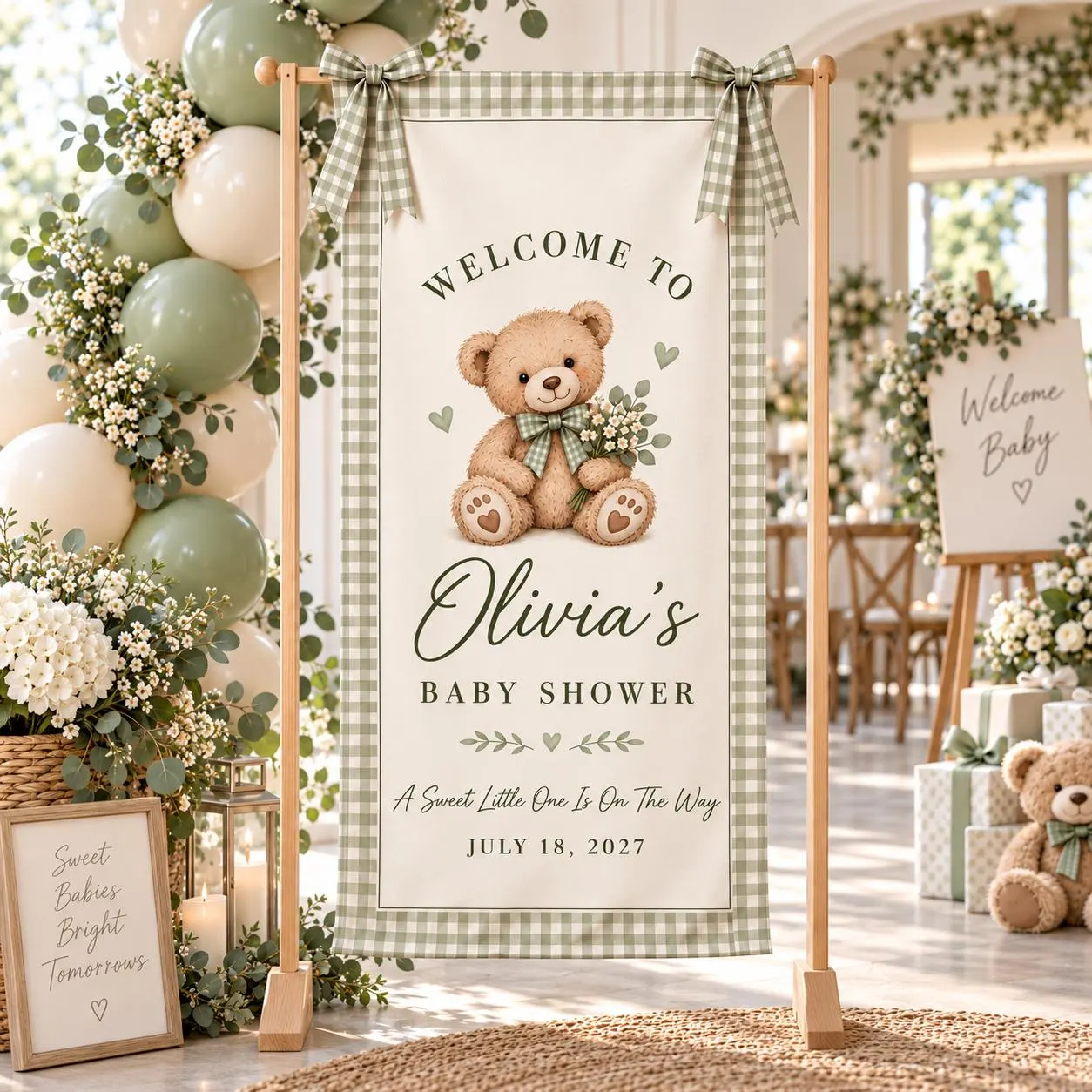 Personalized Teddy Bear Baby Shower Banner, Sage Gingham Welcome Sign, Custom Name Backdrop, Neutral Green Floral Party Decor - image 3