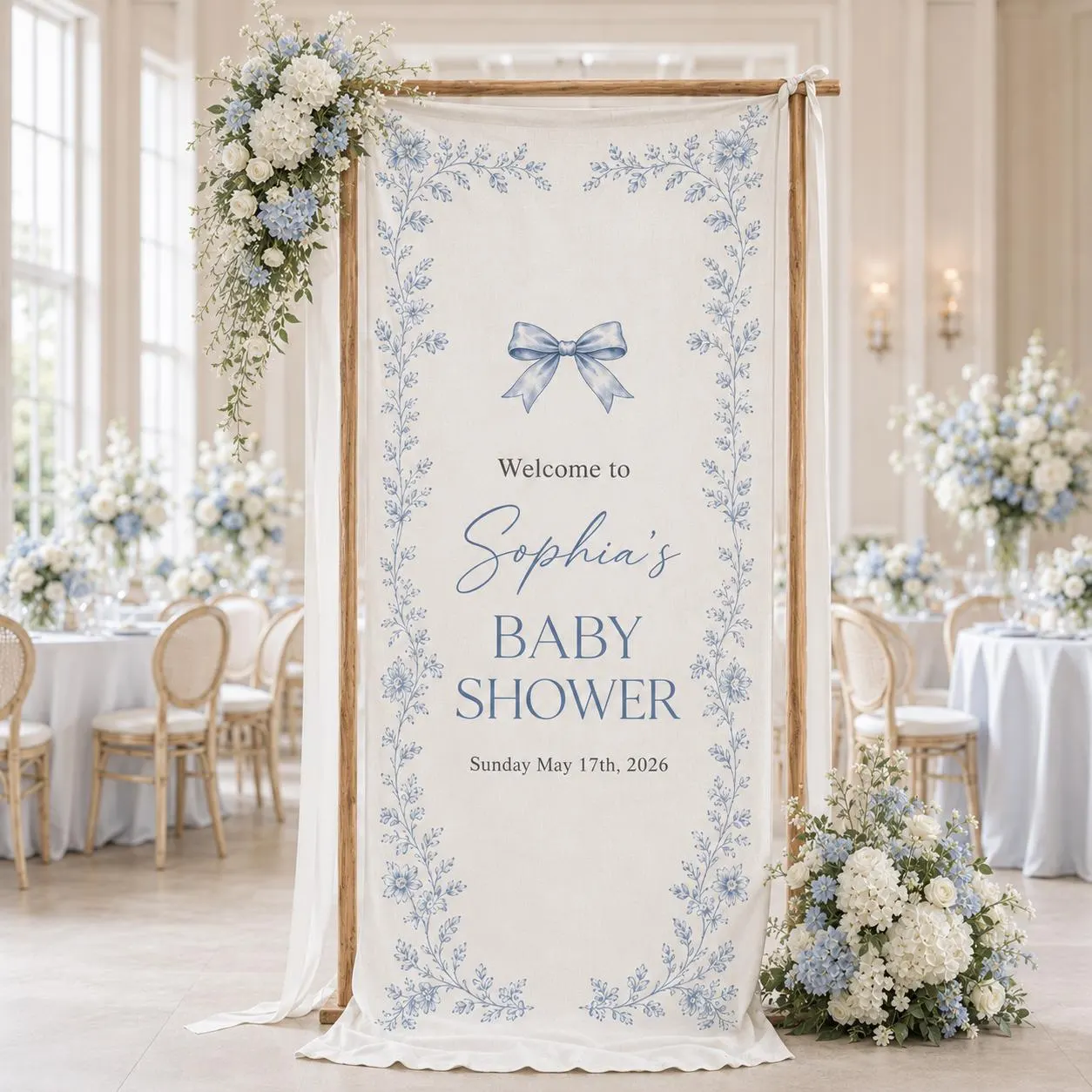 Personalized Blue Toile Baby Shower Banner, Custom Baby Welcome Sign with Name Date, Elegant Floral Bow Fabric Backdrop Decor - image 3