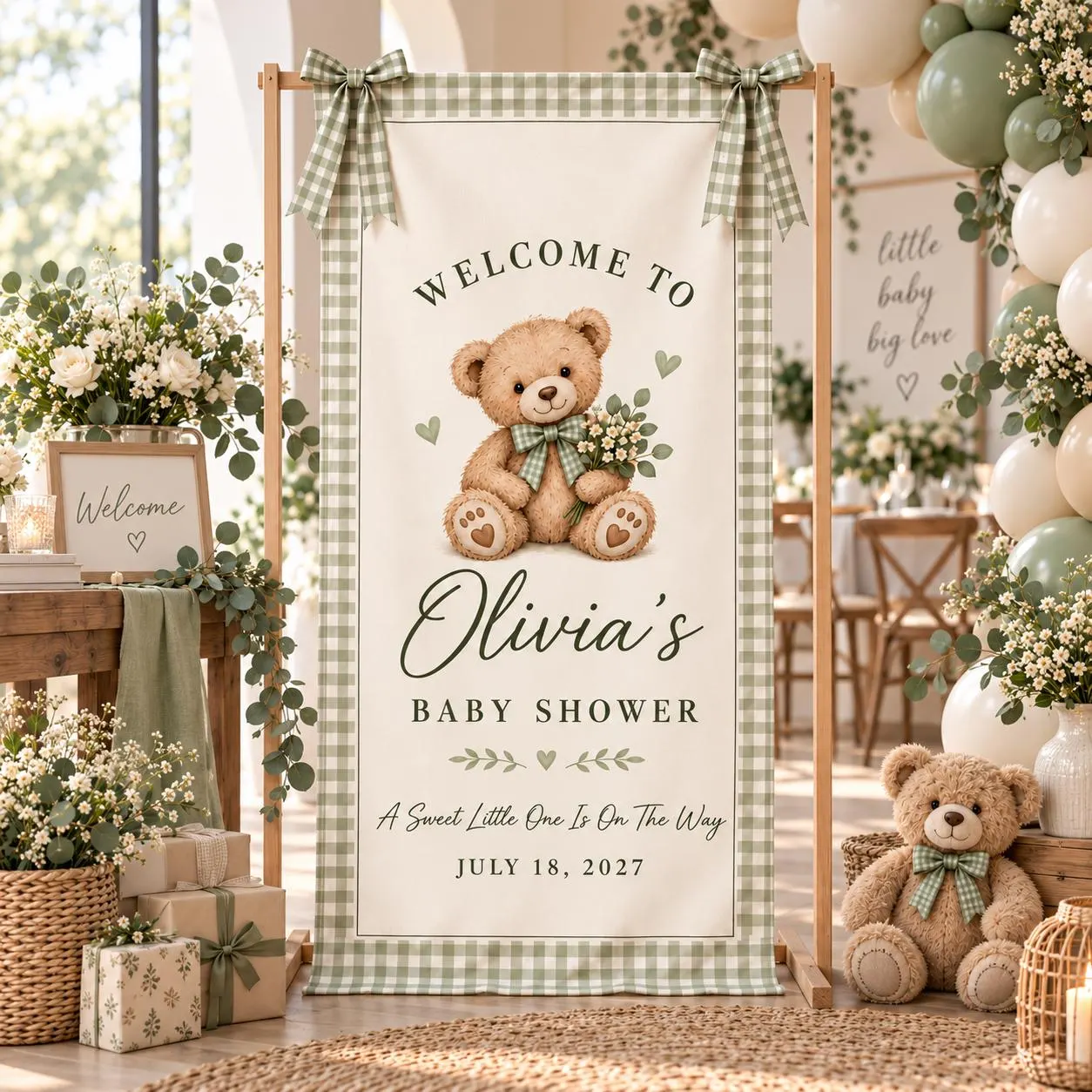 Personalized Teddy Bear Baby Shower Banner, Sage Gingham Welcome Sign, Custom Name Backdrop, Neutral Green Floral Party Decor - image 5