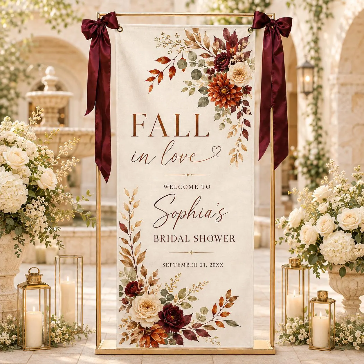 Personalized Bridal Shower Backdrop, Fall in Love Welcome Sign, Burgundy Floral Theme, Autumn Bride Decor, Custom Celebration Banner - image 5