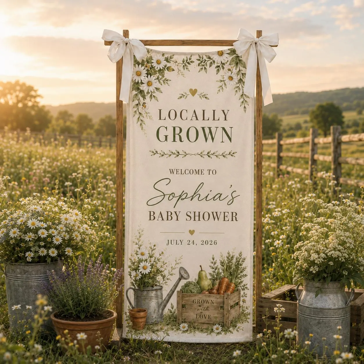 Locally Grown Baby Shower Banner, Custom Garden Vegetable Welcome Sign, Floral Farmhouse Party Backdrop, Personalized Rustic Baby Decor Sign - image 5