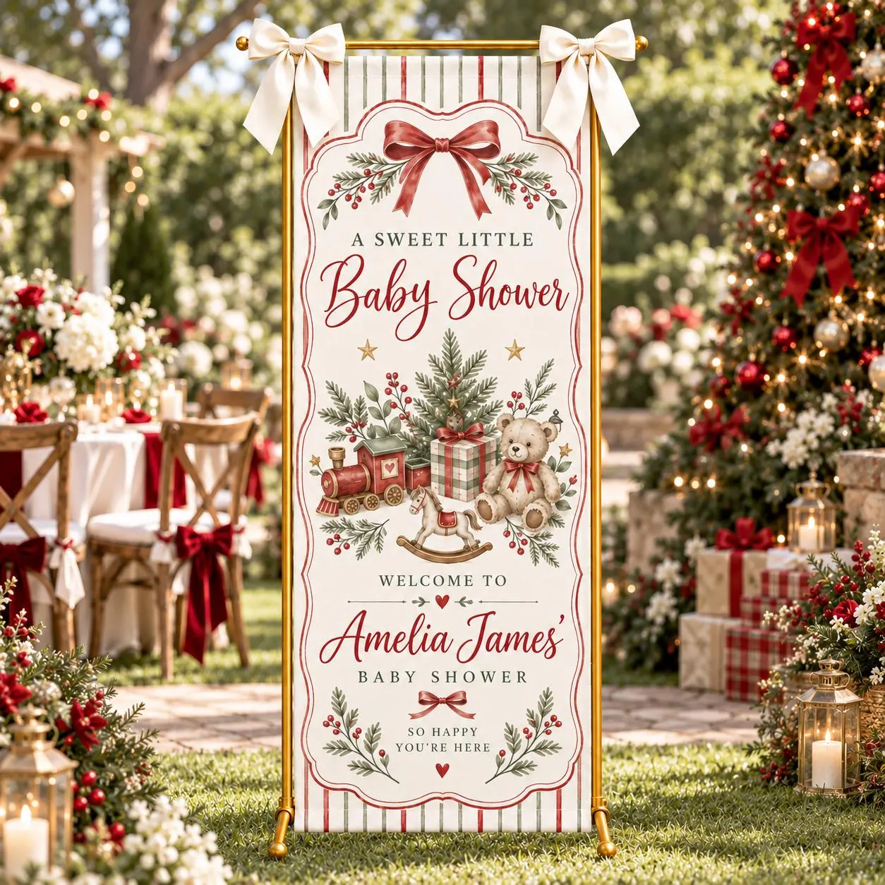 Christmas Baby Shower Banner, Personalized Welcome Sign, Teddy Bear Red Bow Decor, Vintage Toy Train, Winter Fabric Party Backdrop - image 4