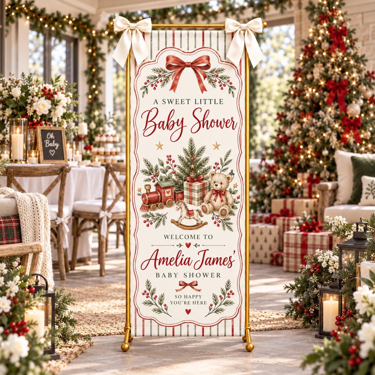Christmas Baby Shower Banner, Personalized Welcome Sign, Teddy Bear Red Bow Decor, Vintage Toy Train, Winter Fabric Party Backdrop - image 5