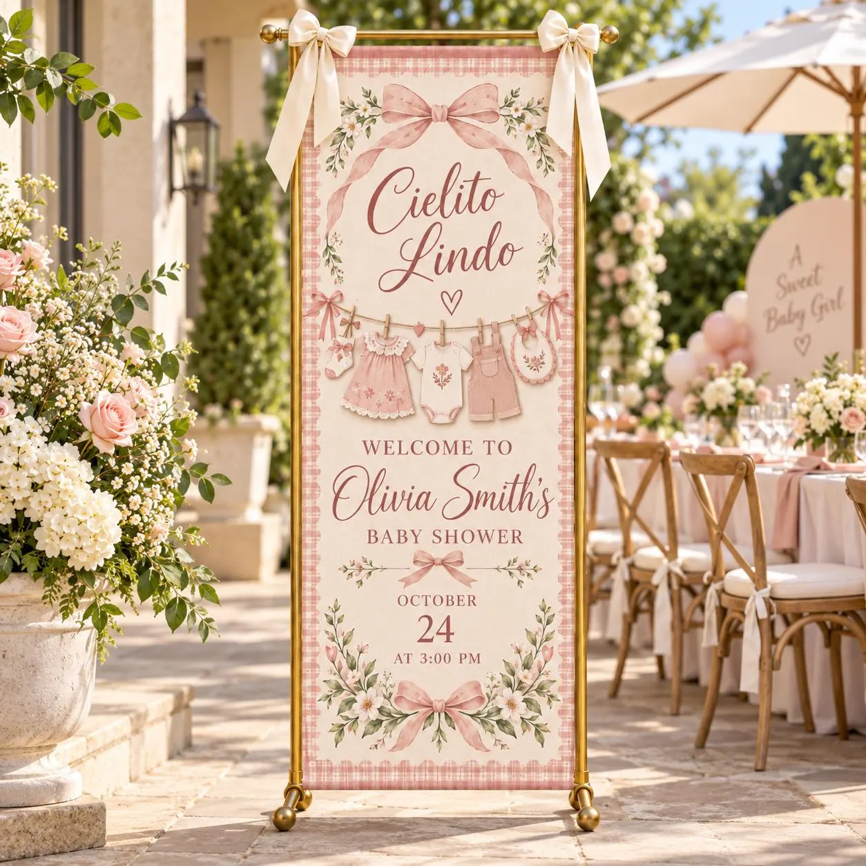 Cielito Lindo Baby Shower Banner, Personalized Girl Welcome Sign, Pink Bow Floral Decor, Gingham Fabric Backdrop, Sweet Clothesline Theme - image 4
