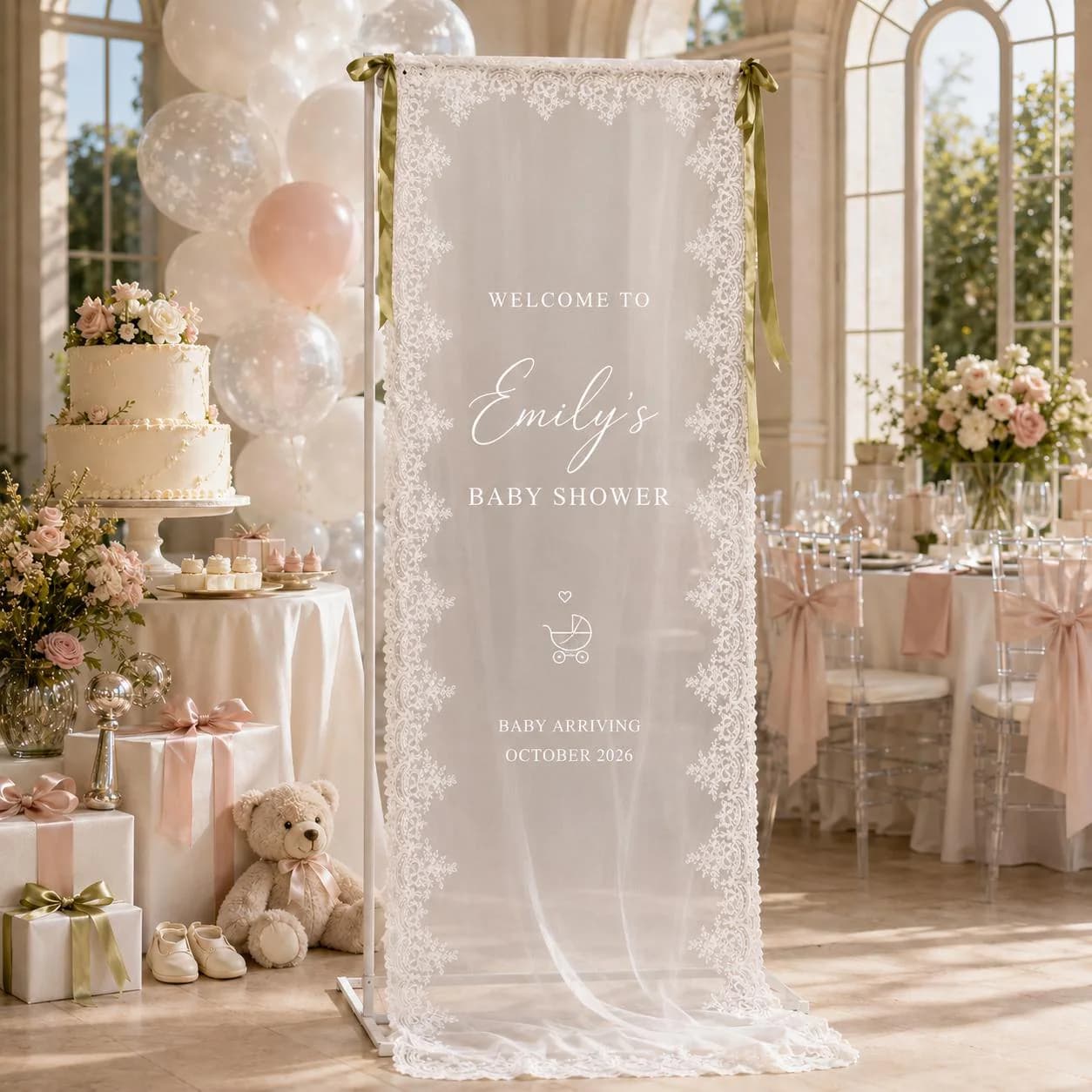 Personalized Lace Baby Shower Welcome Banner, Custom Name Date Sign, Elegant Sheer Fabric Backdrop, Romantic Floral Party Entrance Decor - image 5