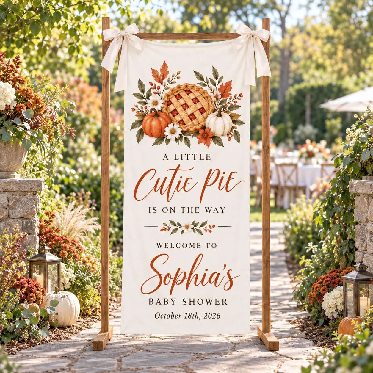 Personalized Cutie Pie Baby Shower Banner, Autumn Pumpkin Welcome Sign, Fall Floral Backdrop, Sweet Pie Party Linen Tapestry - image 3