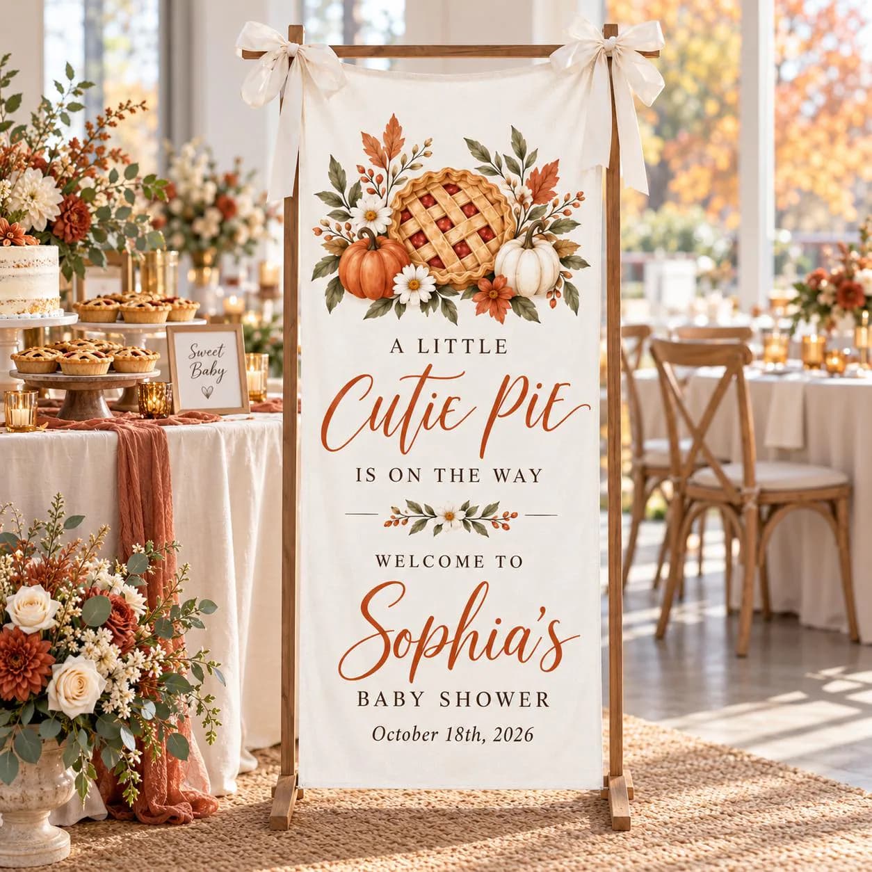 Personalized Cutie Pie Baby Shower Banner, Autumn Pumpkin Welcome Sign, Fall Floral Backdrop, Sweet Pie Party Linen Tapestry - image 5