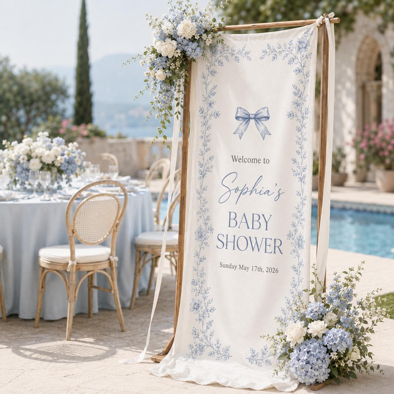 Personalized Blue Toile Baby Shower Banner, Custom Baby Welcome Sign with Name Date, Elegant Floral Bow Fabric Backdrop Decor - image 4