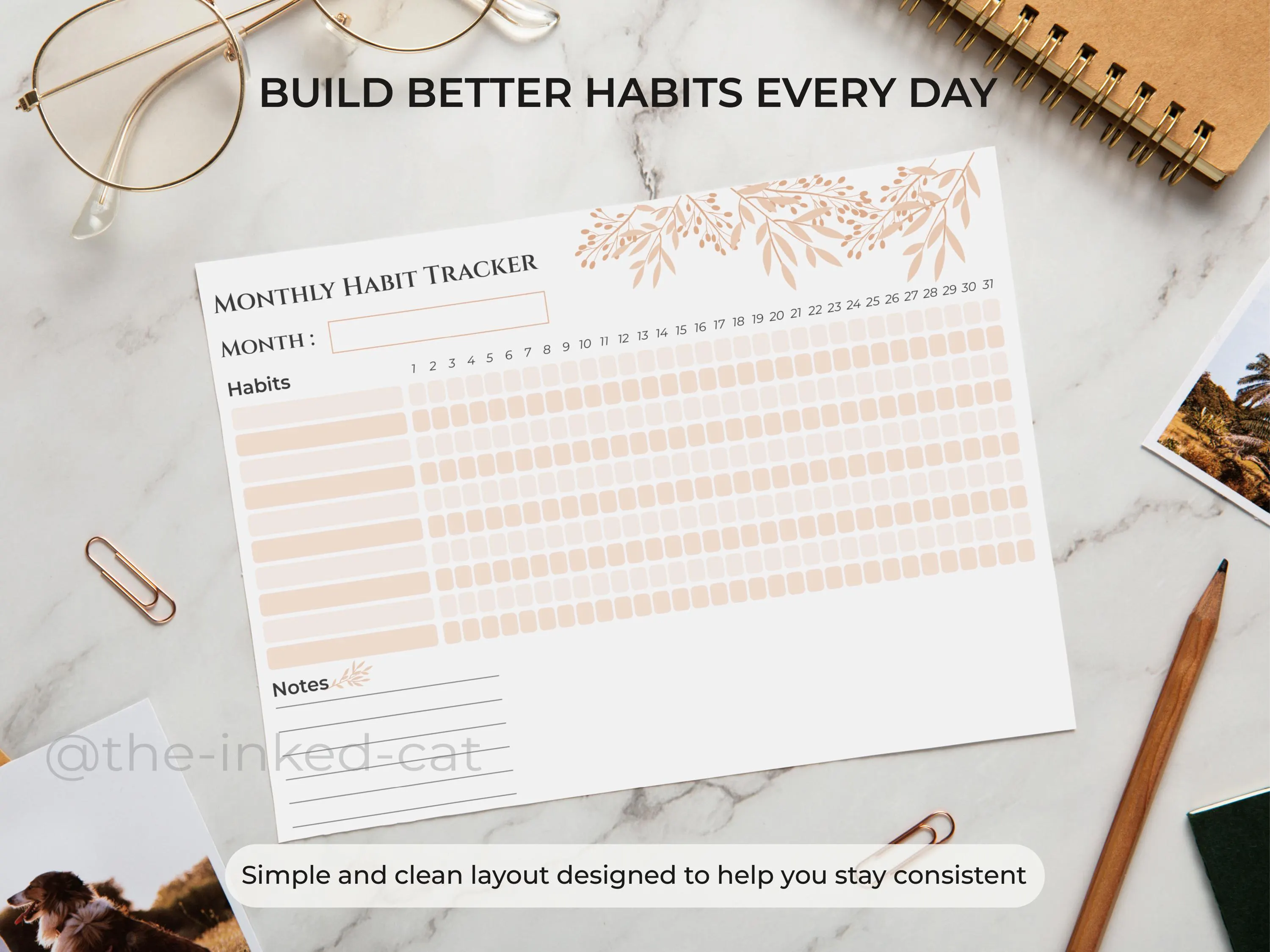 Monthly Beige Floral Habit Tracker Printable Landscape | Habit Tracker Template, Routine Tracker| 31 Day Habit Tracker | A4 / Letter - image 3