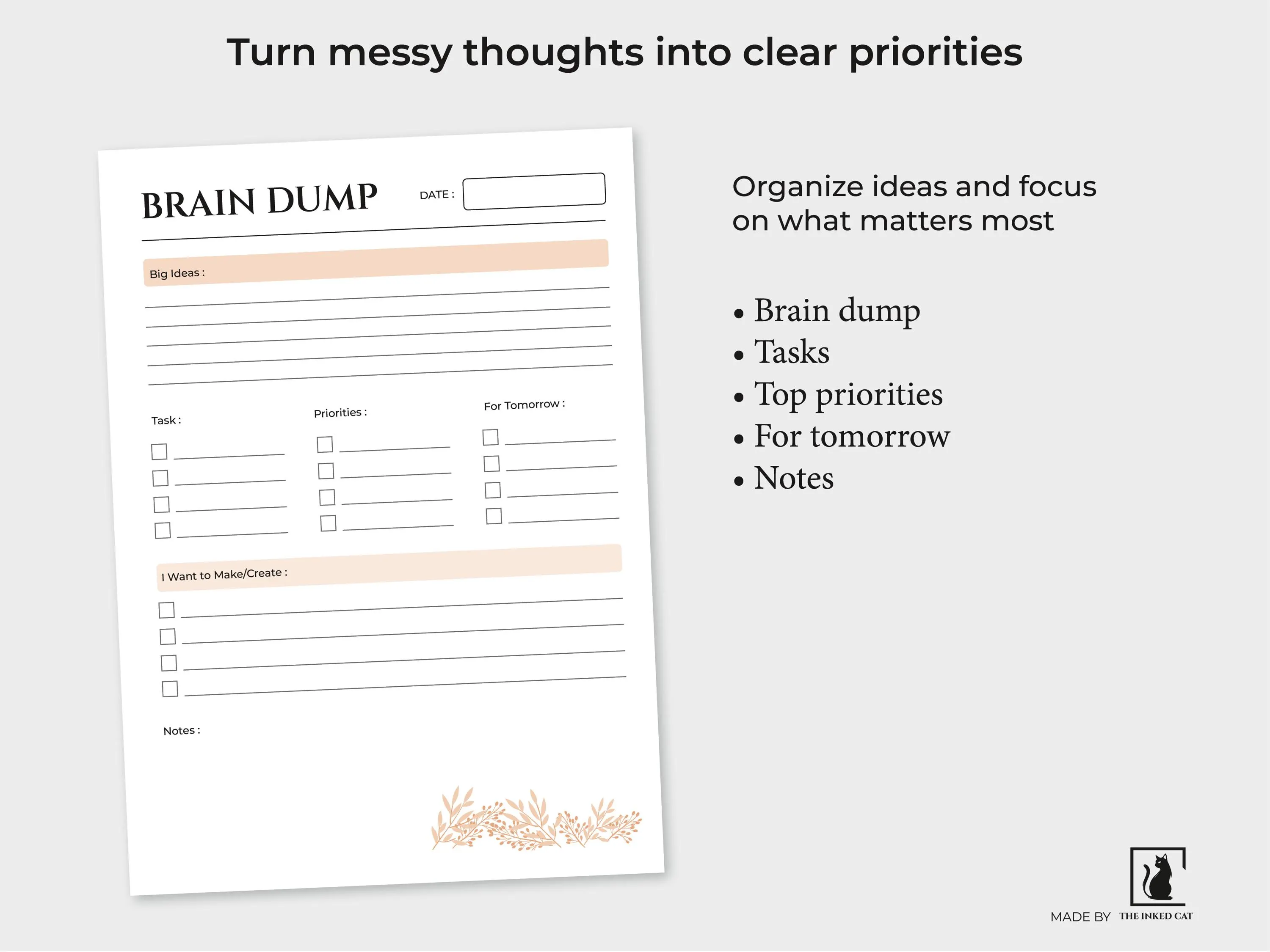 ADHD Brain Dump Printable | Beige Floral Brain Dump | Minimalist Daily Organizer |Task Prioritization Sheet | A4 A5 Letter Half Letter - image 5
