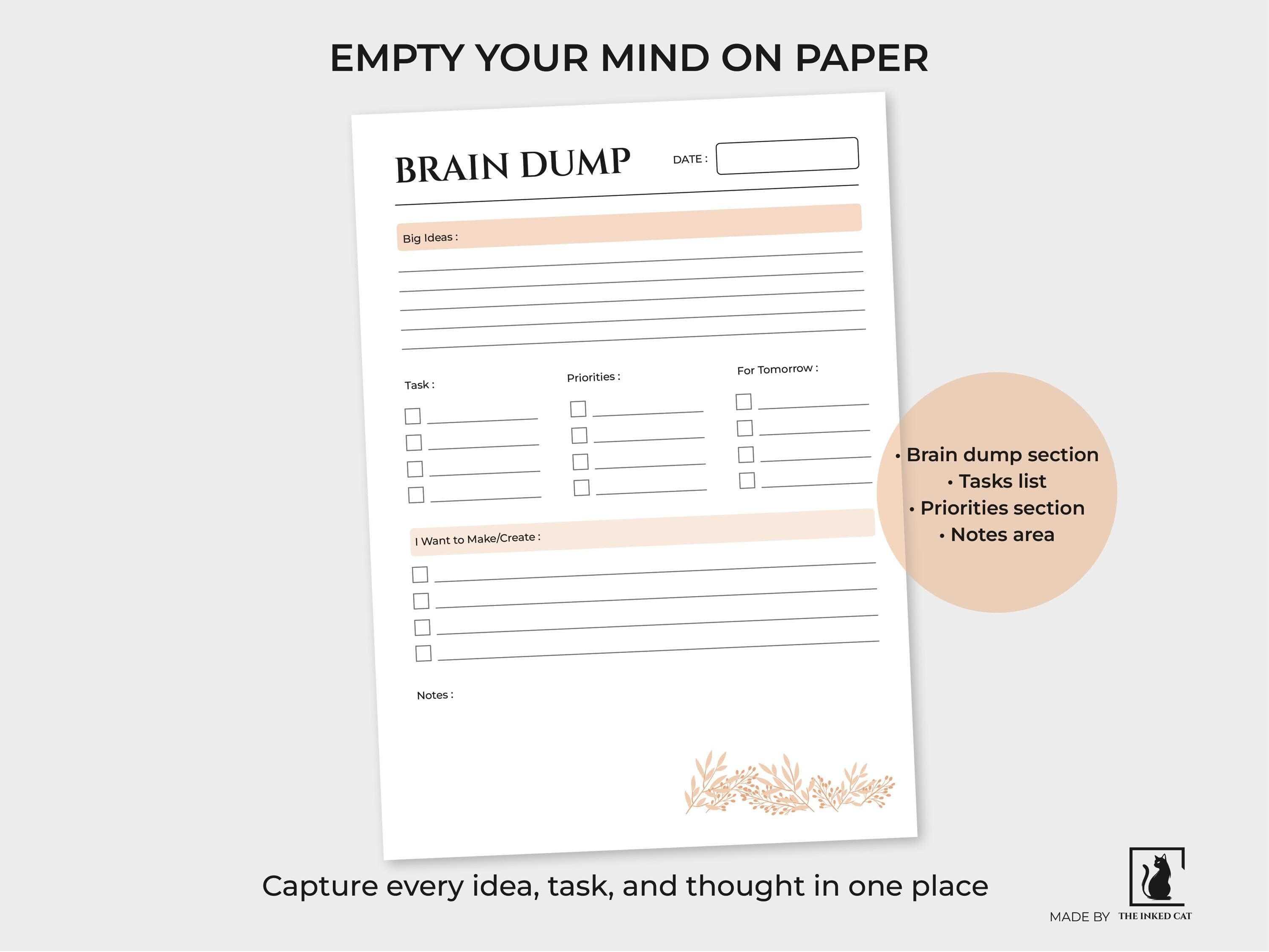 ADHD Brain Dump Printable | Beige Floral Brain Dump | Minimalist Daily Organizer |Task Prioritization Sheet | A4 A5 Letter Half Letter - image 4