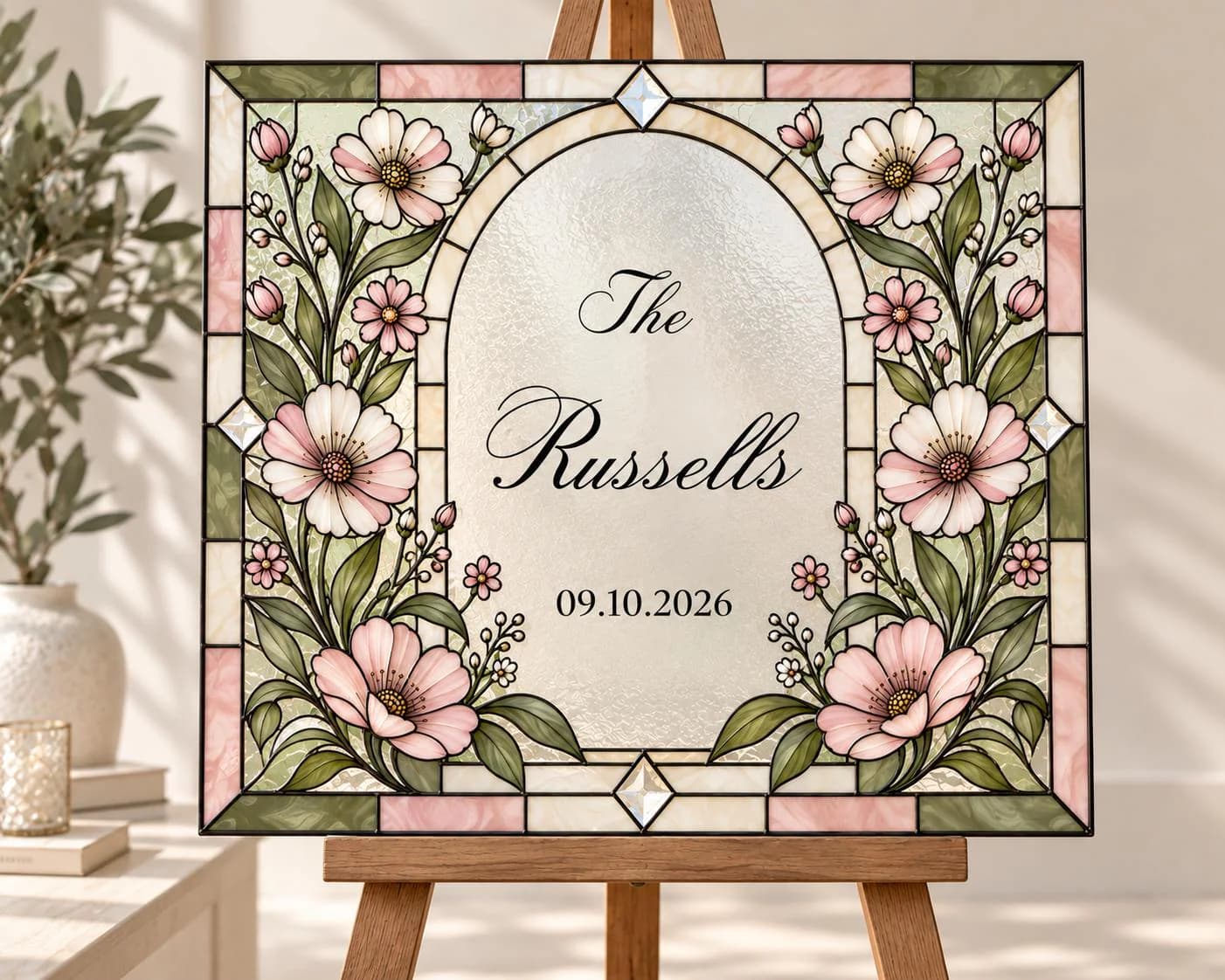 Stained Glass Wildflower Wedding Sign, Editable Family Name Welcome Sign, Landscape Arch Window Printable, Custom Last Name Date - image 3