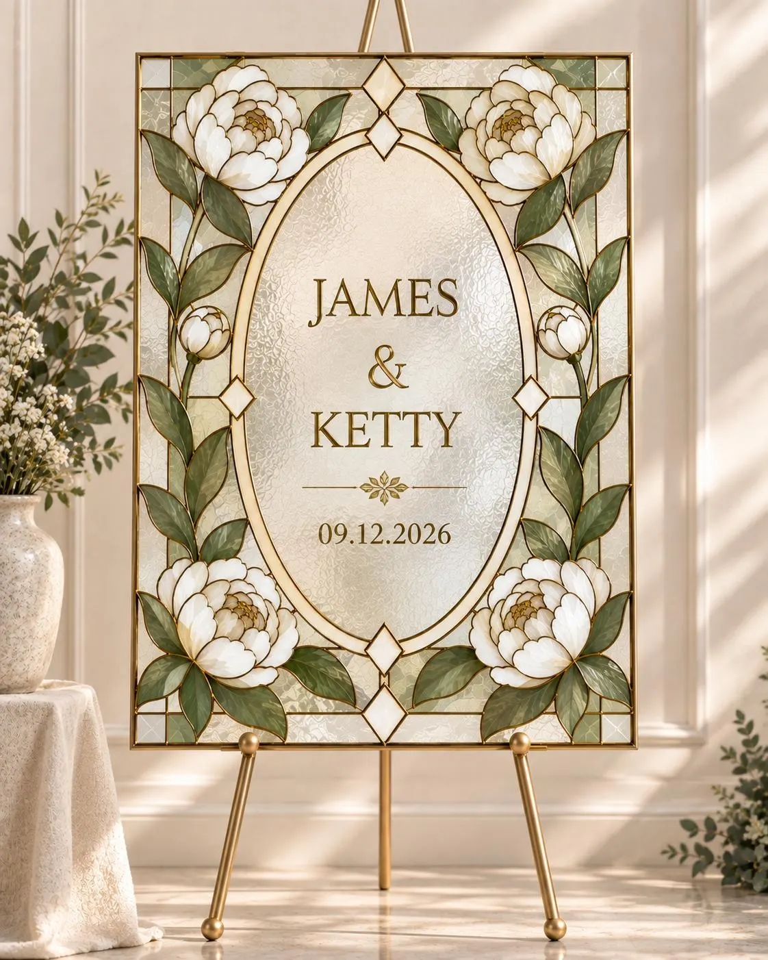 Peony Stained Glass Wedding Welcome Sign Template, Floral Wedding Sign, Editable Canva Template, Faux Stained Glass Sign, Wedding Decor - image 2