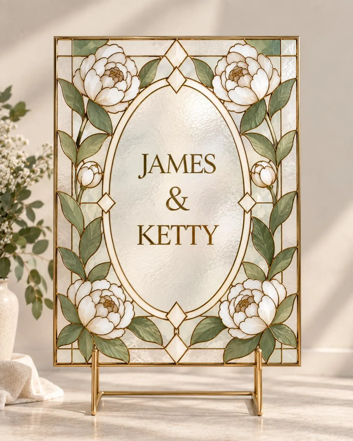 Peony Stained Glass Wedding Welcome Sign Template, Floral Wedding Sign, Editable Canva Template, Faux Stained Glass Sign, Wedding Decor - image 5