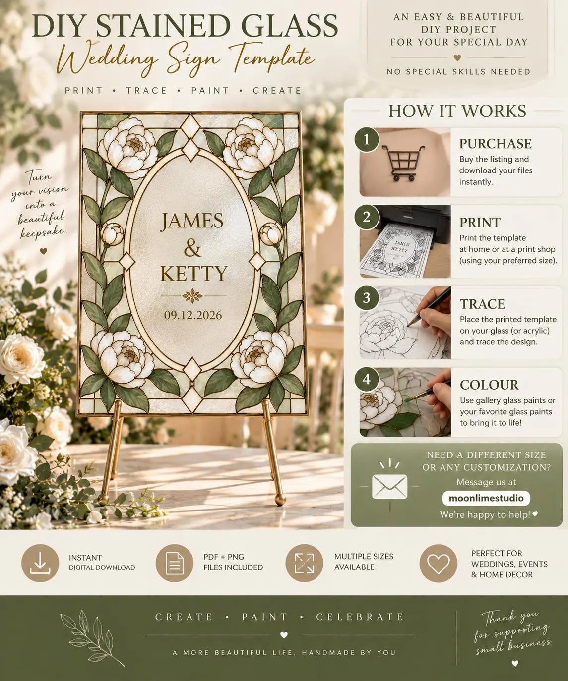 Peony Stained Glass Wedding Welcome Sign Template, Floral Wedding Sign, Editable Canva Template, Faux Stained Glass Sign, Wedding Decor - image 4