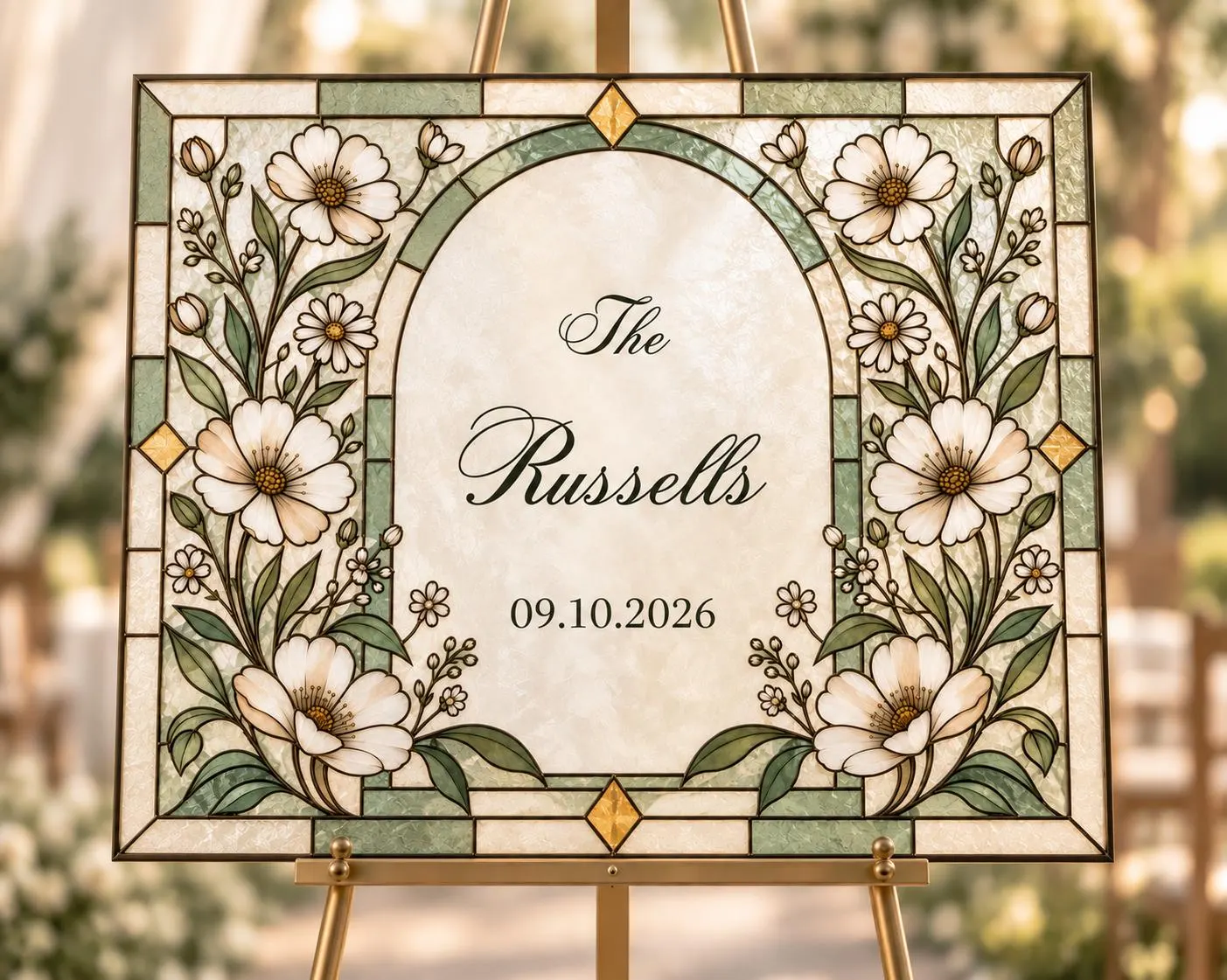 Stained Glass Wildflower Wedding Sign, Editable Family Name Welcome Sign, Landscape Arch Window Printable, Custom Last Name Date - image 4