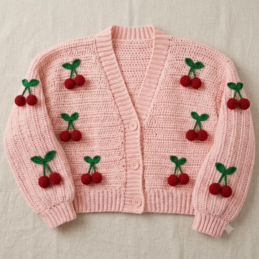 Handmade Crochet Sweater | Cherry Applique Oversized Pullover | Boho Winter Jumper - image 4