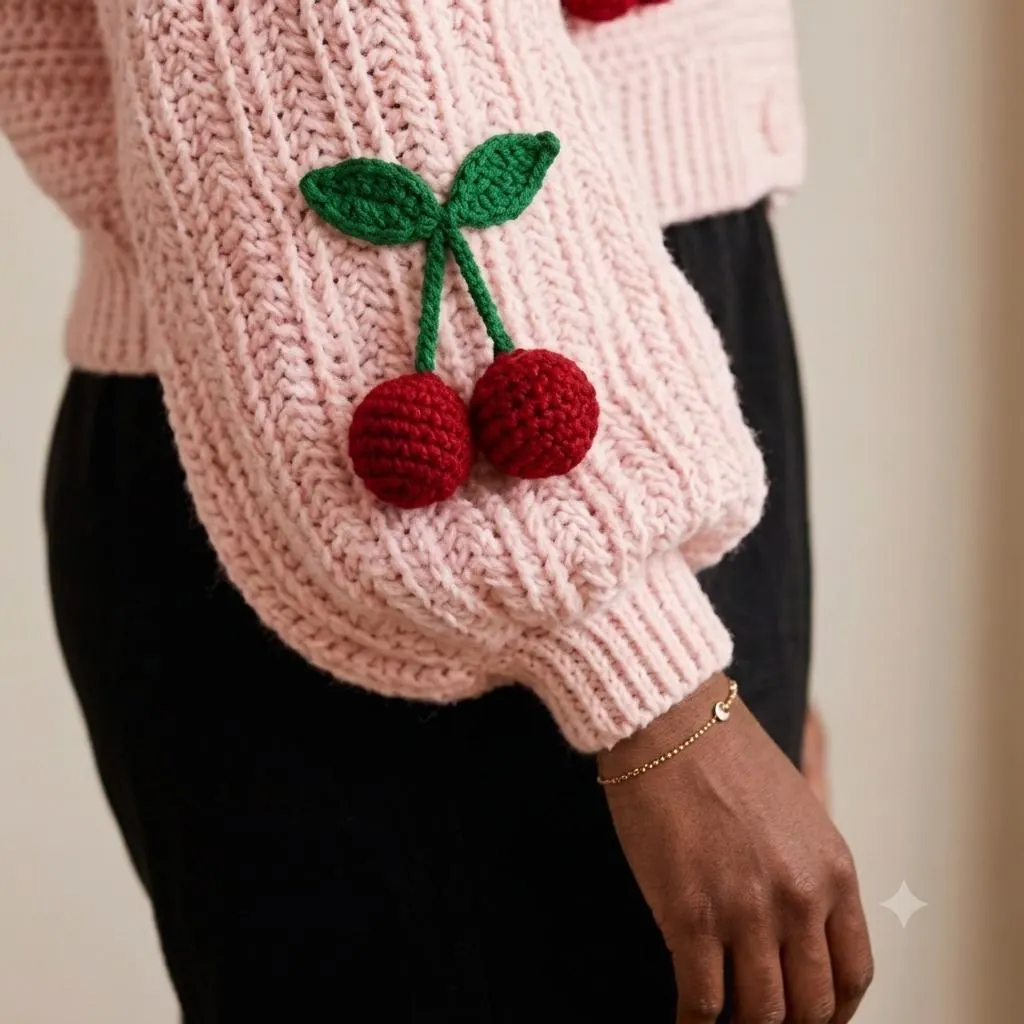Handmade Crochet Sweater | Cherry Applique Oversized Pullover | Boho Winter Jumper - image 3