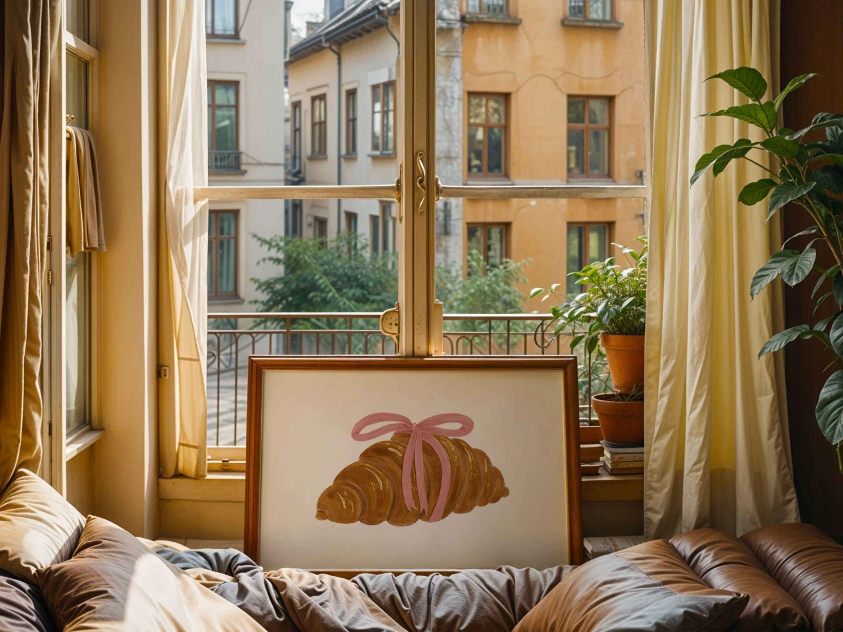 Coquette Croissant Wall Art – Pink Ribbon Croissant Digital Painting, Soft Feminine Kitchen Decor - image 5