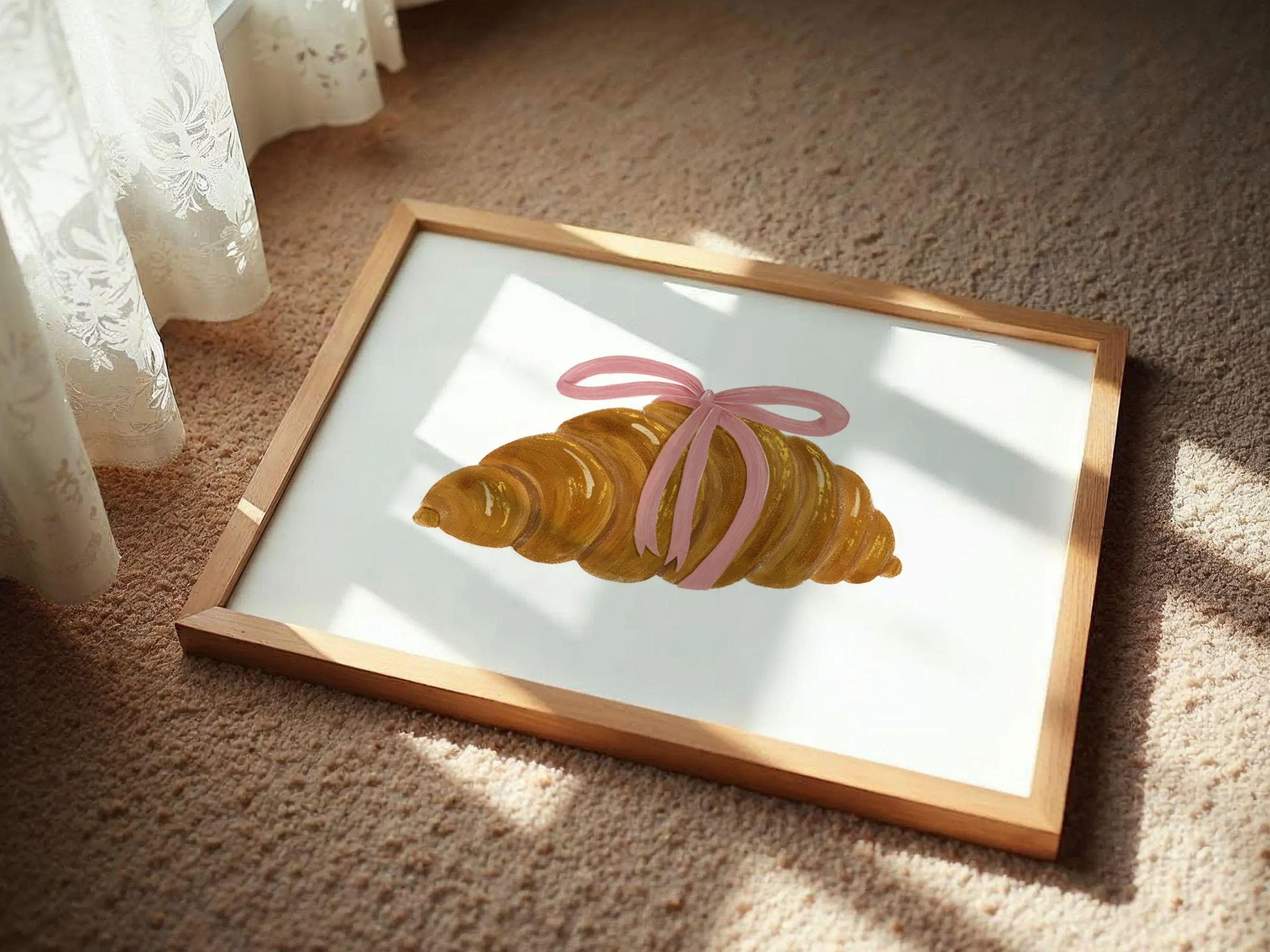 Coquette Croissant Wall Art – Pink Ribbon Croissant Digital Painting, Soft Feminine Kitchen Decor - image 4