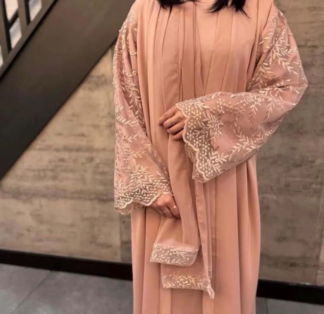 Mysha Elegant Lace Sleeves Abaya Set, Modest Muslim Dress, Hijab and Belt - image 2