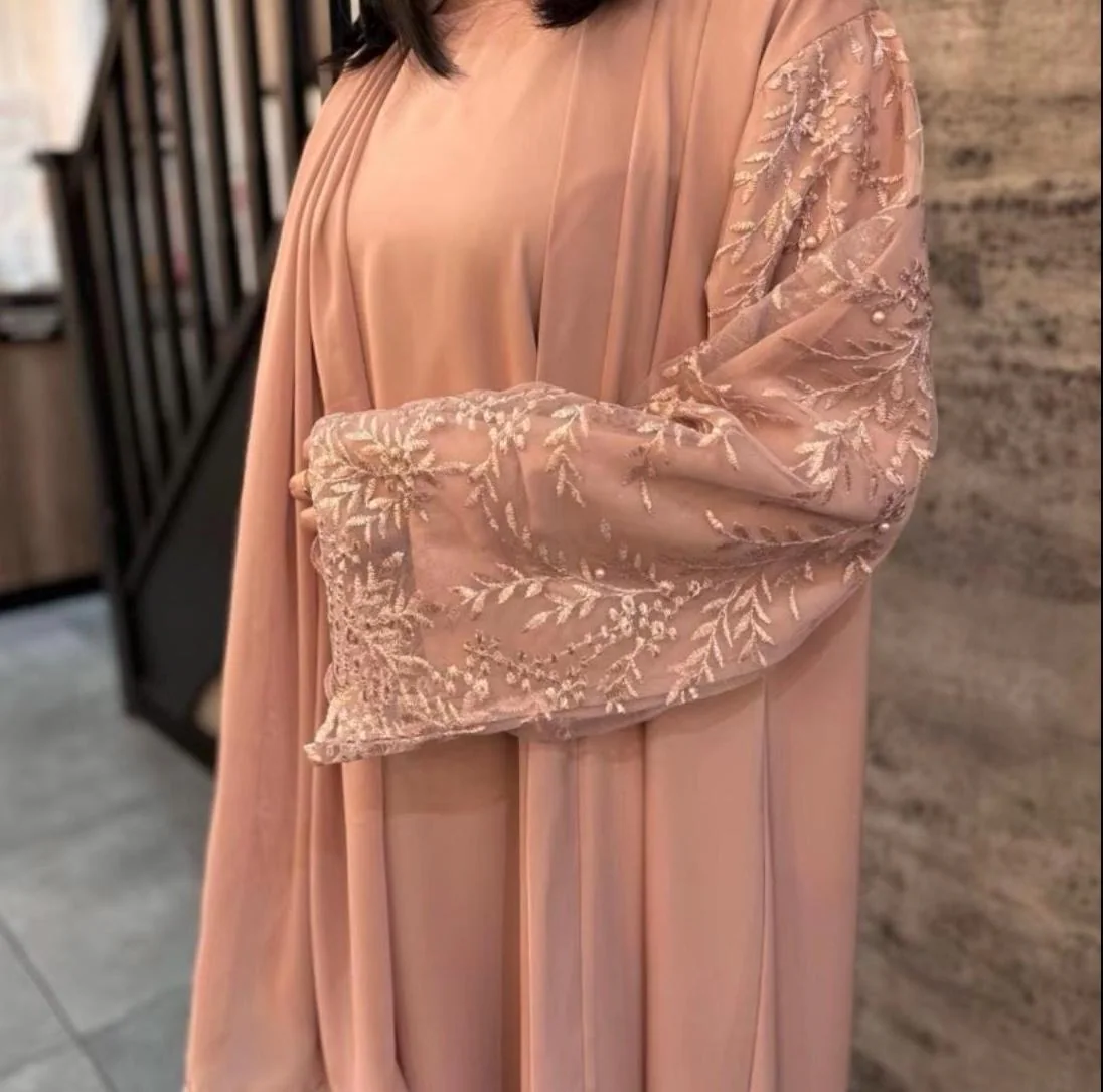Mysha Elegant Lace Sleeves Abaya Set, Modest Muslim Dress, Hijab and Belt