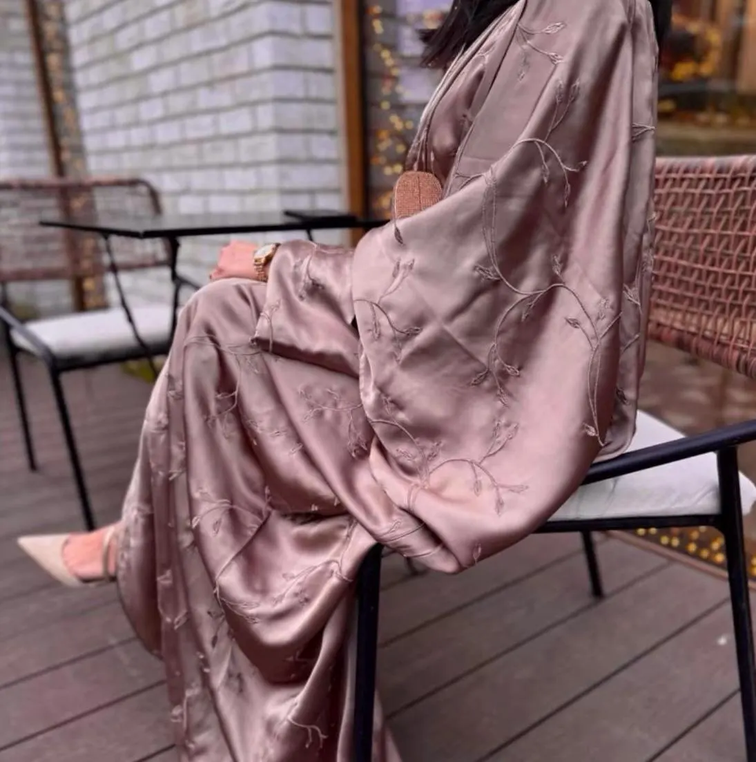 Amari Embroidered Satin Abaya Set, Elegant Women's 3-Piece Outfit - image 4