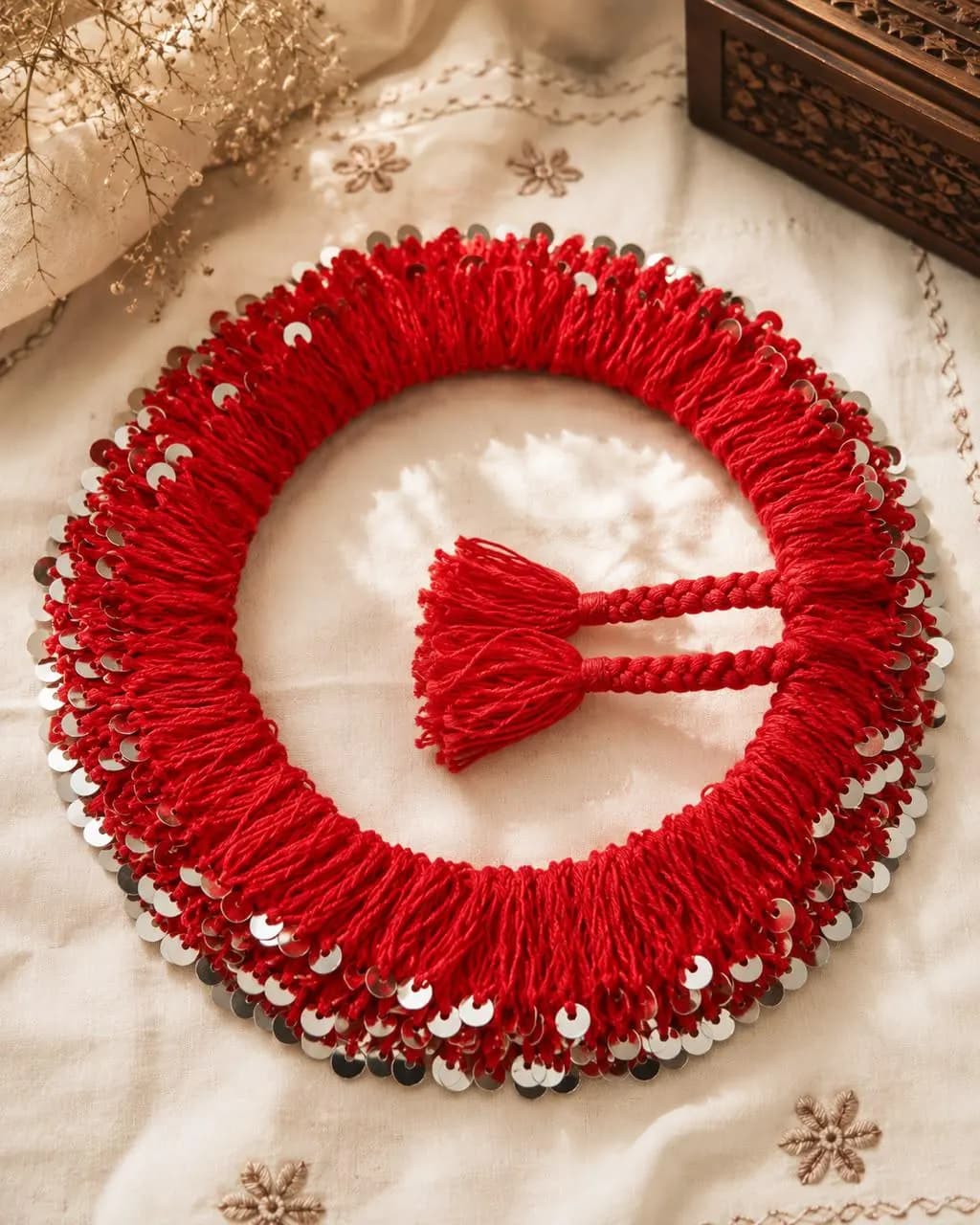 Handmade Red Belly Dance Belt – Moroccan Hip Scarf with Silver Sequins & Tassels – Oriental Dance Costume – Tribal Fusion Dance Accessory - image 5
