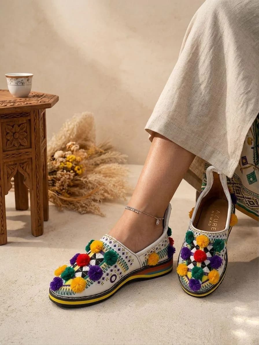 Colorful Moroccan Babouches | Handmade Berber Slippers | Boho Pom Pom Shoes | Moroccan Leather Flats | Ethnic Handmade Shoes - image 3