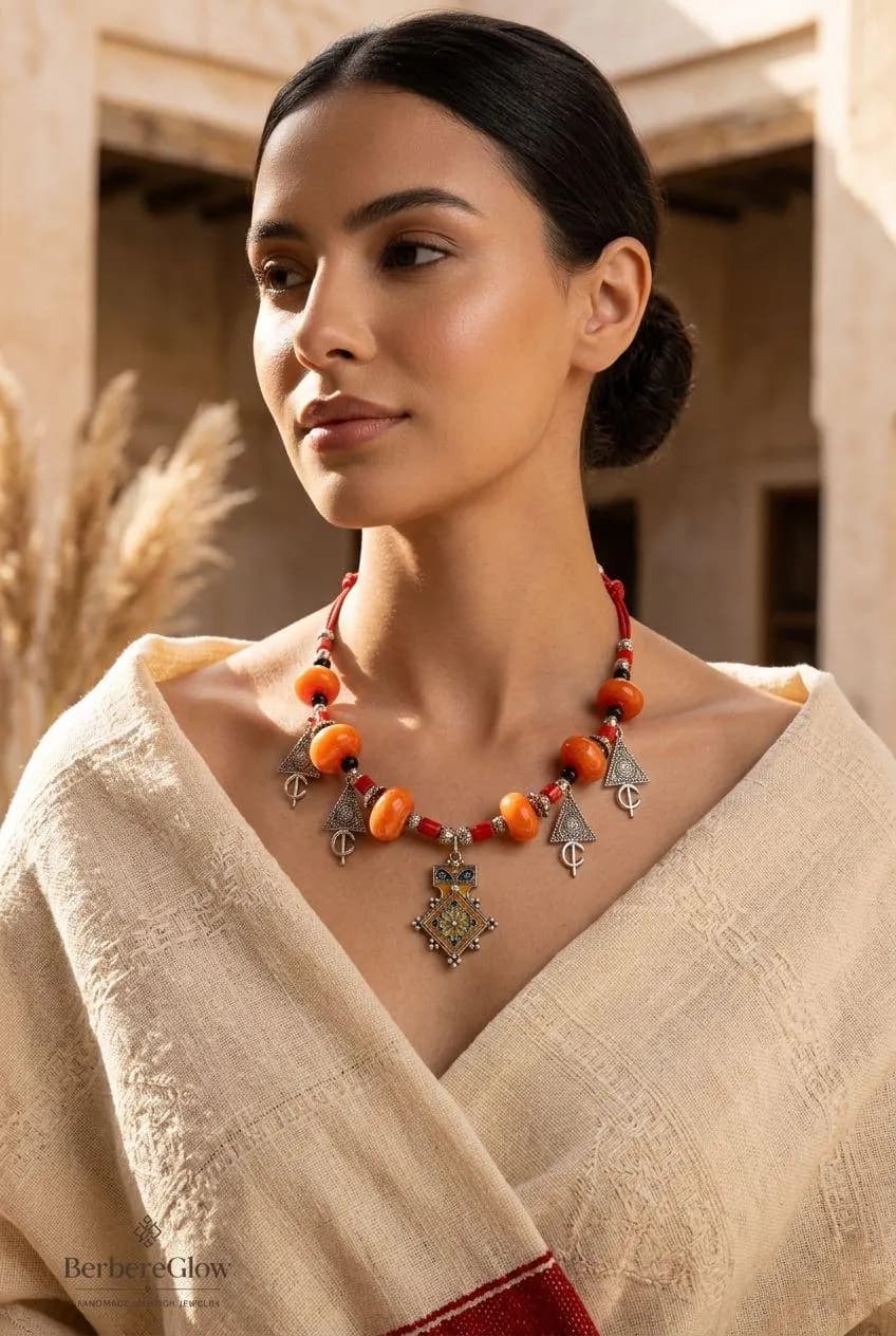 Moroccan Berber Amber Necklace – Handmade Ethnic Tribal Jewelry – Traditional Boho Statement Necklace – Moroccan Artisan Jewelry - image 5