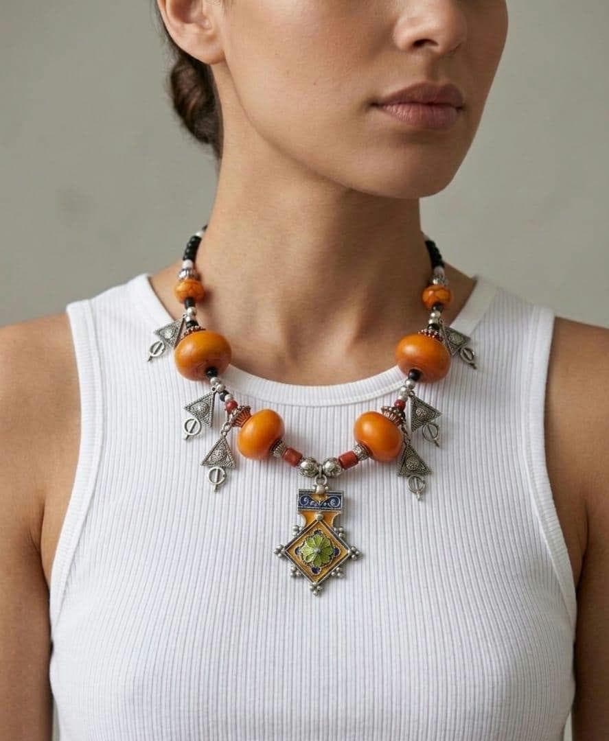 Moroccan Berber Amber Necklace – Handmade Ethnic Tribal Jewelry – Traditional Boho Statement Necklace – Moroccan Artisan Jewelry - image 2