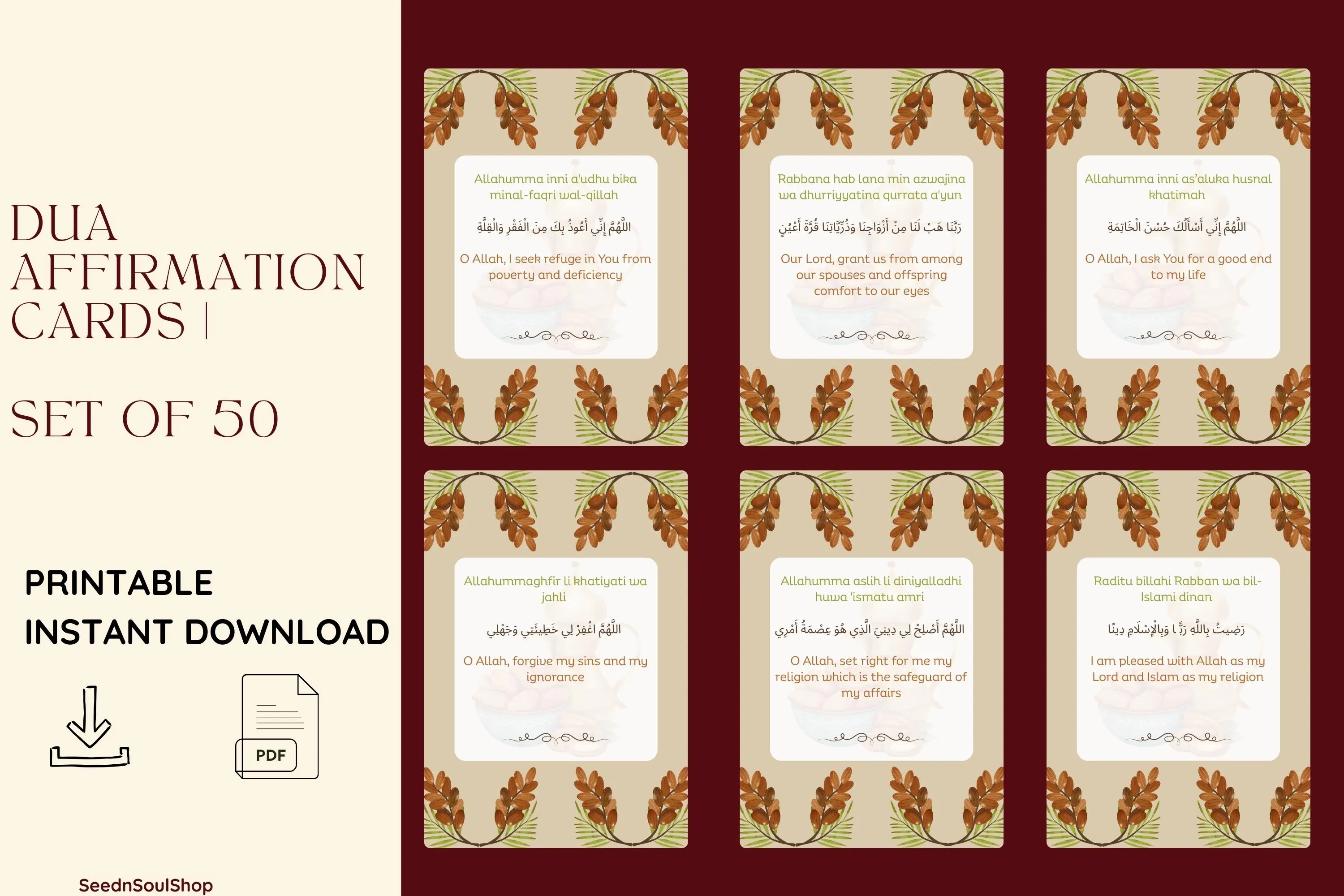Dua Affirmation Cards set of 50 | Arabic, Arabic Transliteration, & English Tranlation
