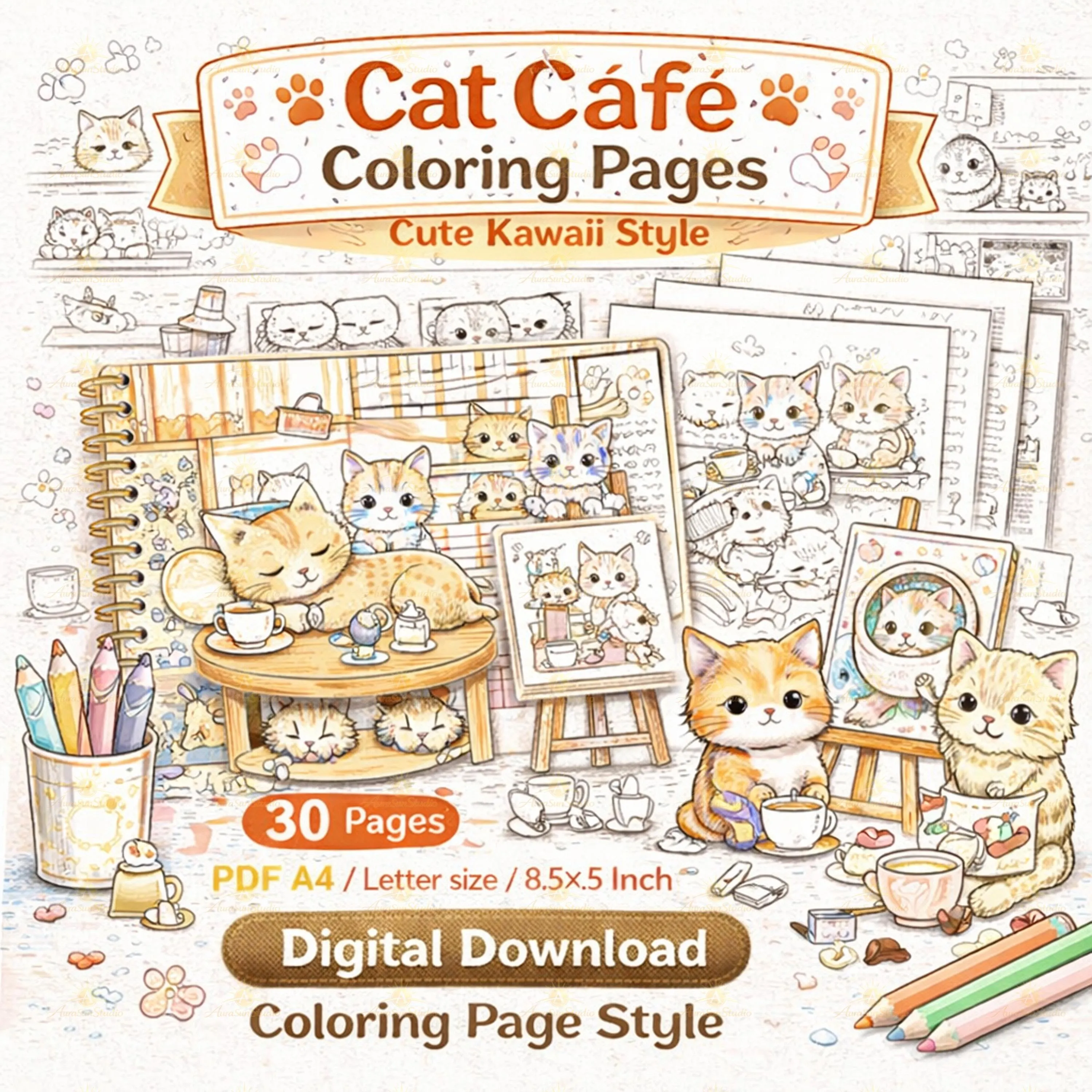 Kawaii Cat Cafe Coloring Pages, 30 Kittens Activity (Digital Download)